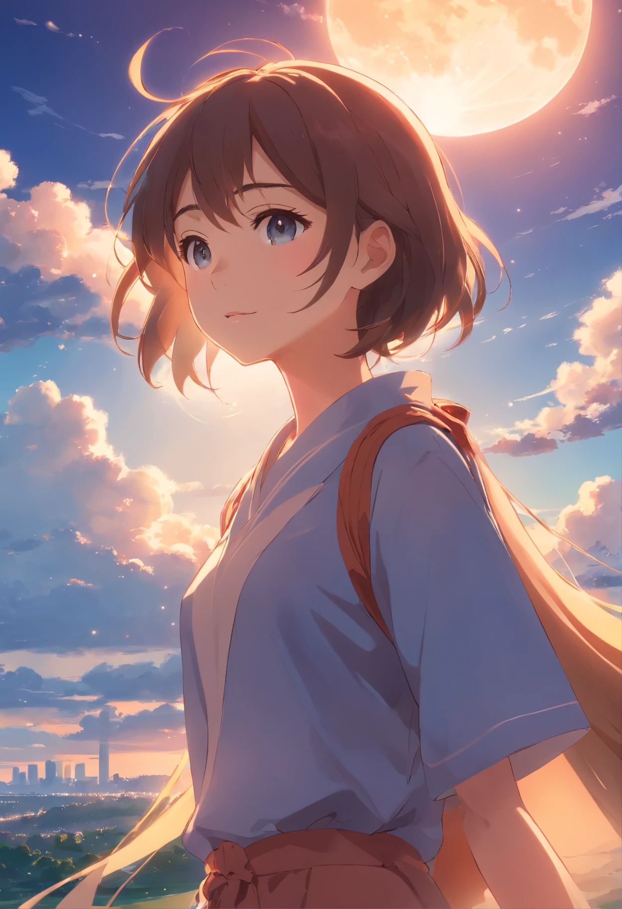 masterpiece、top-quality、Movie stills、1girl、Cloud Girl、floating in sky、a closeup、with light glowing、happiness、Warm soft lighting、the setting sun、(Spark:0.7)、harvest moon