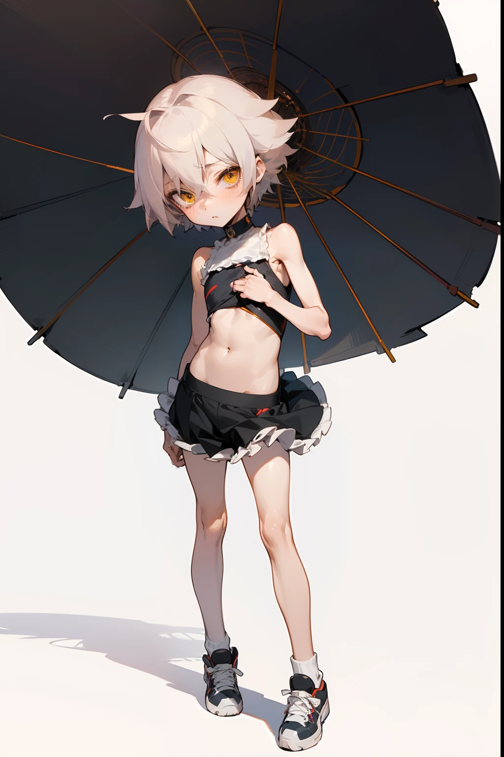 6-year-old boy, (((()))), Cute Anime boy, yellow eyes, navel, (((thin legs:1.3))), (Skinny), ((child:1.2)), in a sweat, Petite, flat chest, No chest, immature, sneakers, (((shota:1.15))), Pale pink short hair, otoko no ko, otokonoko, embarrassed, teary eyes, frilled skirt, street, full body, solo, (best Quality, Amazing Details:1.2), super detailed, super detailed skin (best Quality, Amazing Details:1.2), super detailed, super detailed skin