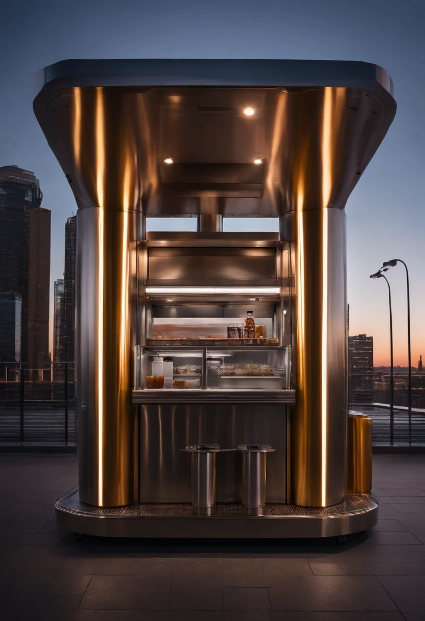 A sprawling urban juice kiosk, accentuated by expansive stainless steel structures, captured in high resolution with a Canon EOS R5. The vastness of the kiosk contrasts with the bustling cityscape, with natural lighting highlighting the gleaming metallic surfaces.
