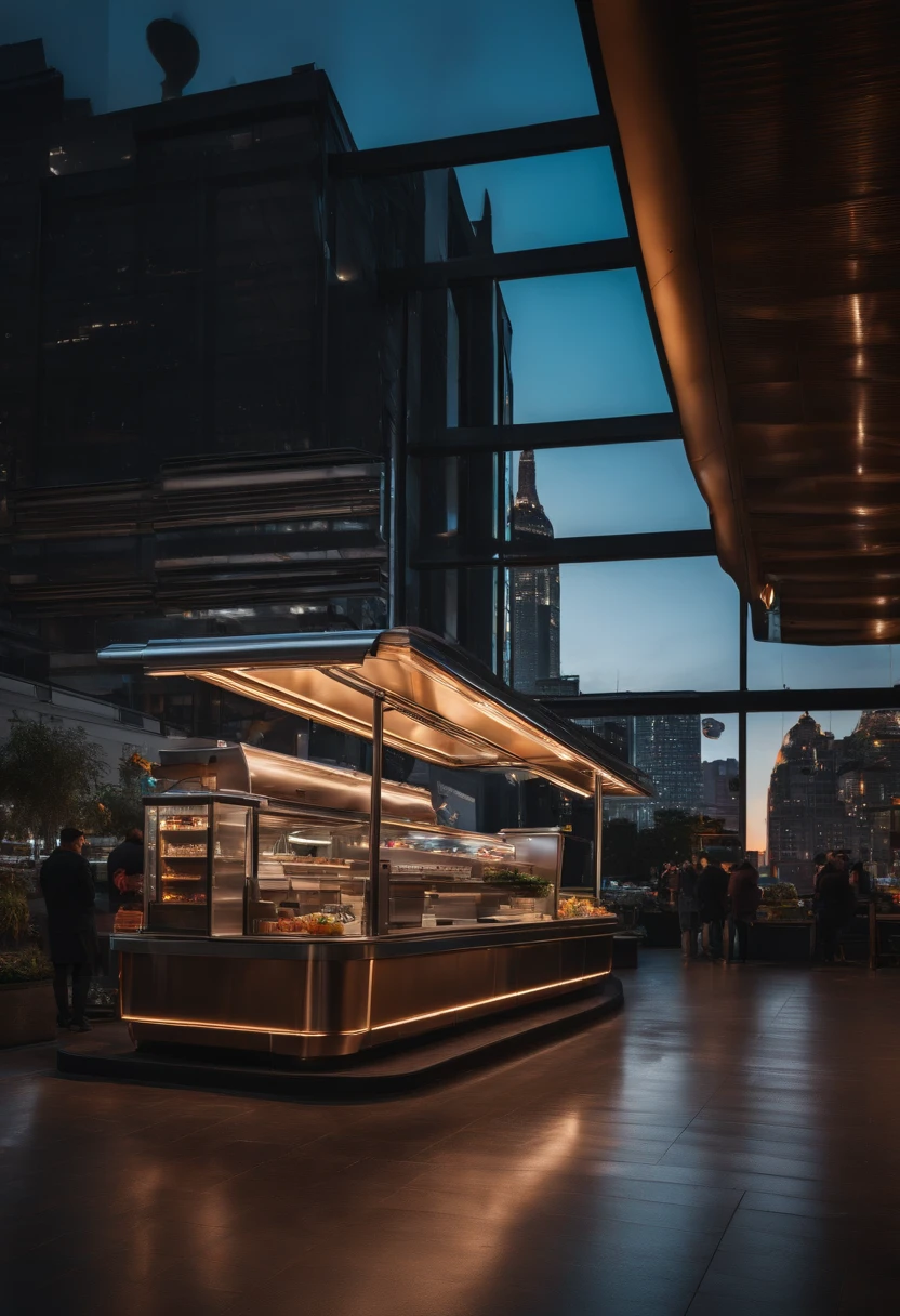 A sprawling urban juice kiosk, accentuated by expansive stainless steel structures, captured in high resolution with a Canon EOS R5. The vastness of the kiosk contrasts with the bustling cityscape, with natural lighting highlighting the gleaming metallic surfaces.