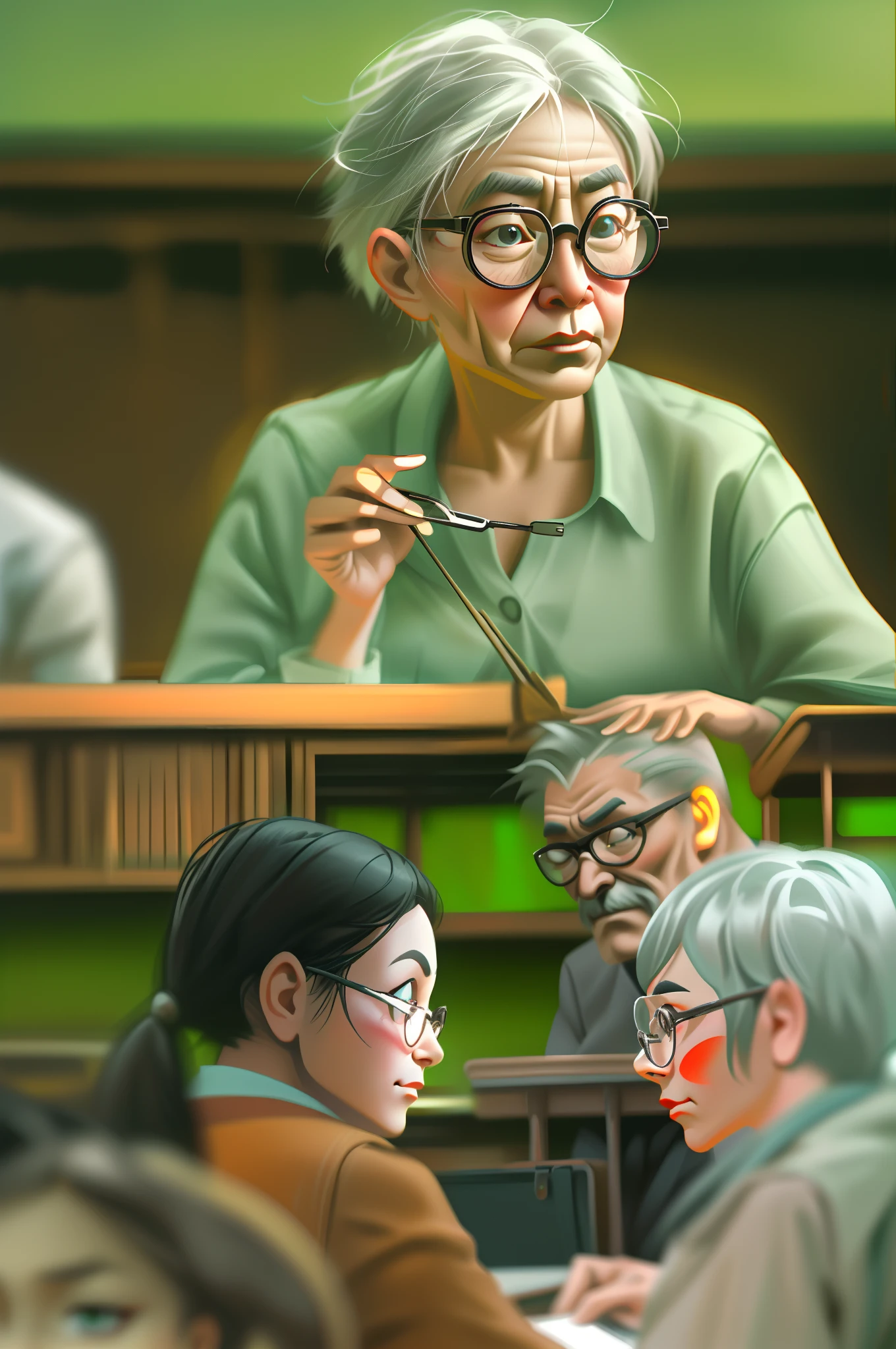 In the classroom，The teacher is lecturing the students，Gray-haired old teacher，Asian people，wears glasses，closeup cleavage，sharp focus on eyes，8K，super-fine，oil painted，Hyper-realistic，best qualtiy