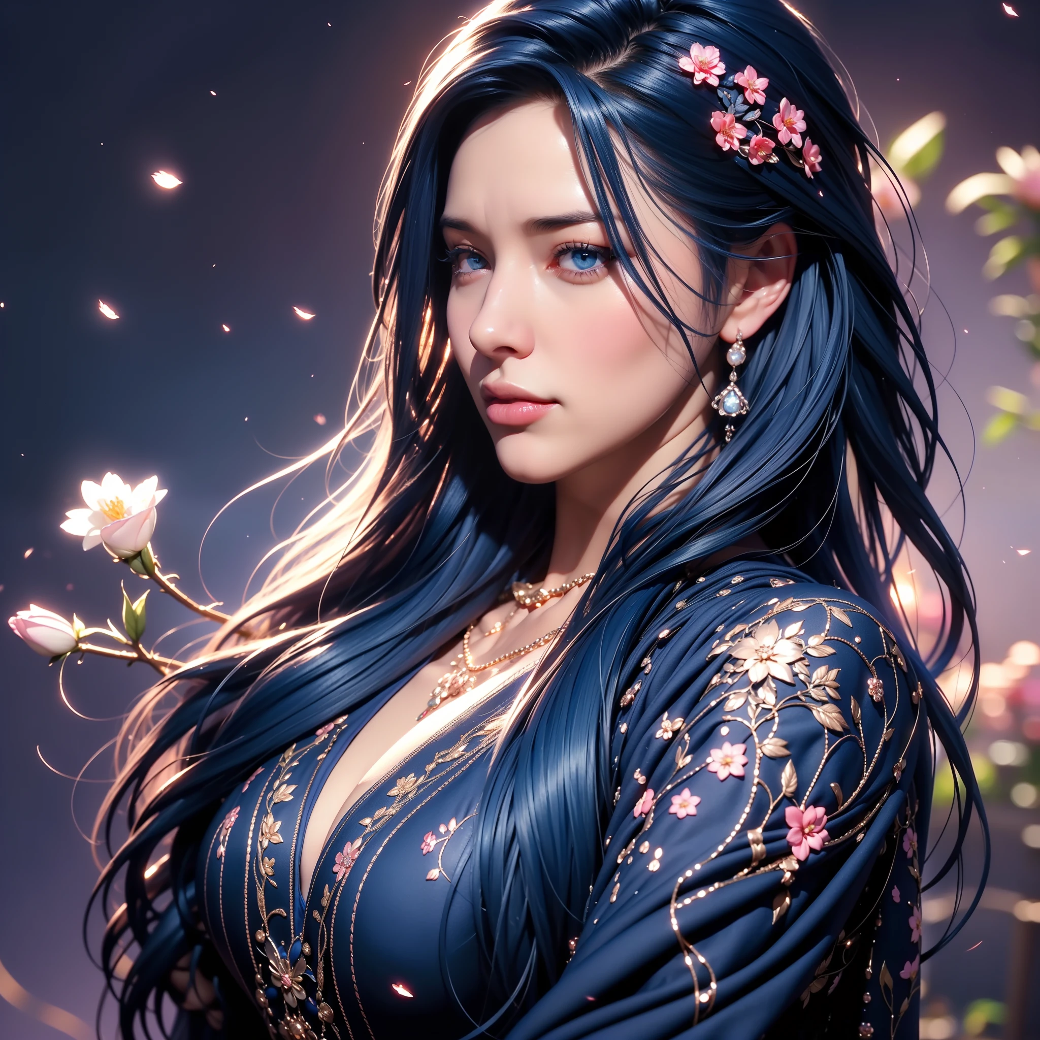 (close up),an woman with modern style posing for a photo in a beautiful room, (((dark blue hair color))),(colorful),(finely detailed beautiful eyes and detailed face, dark blue long hair), cinematic lighting,extremely detailed CG unity 8k wallpaper,((flying petal)),(Flowery meadow), shadows, light, living room,(masterpiece, best quality), cyberpunk, (((detailed black sexy dress))), black dress, pink laces,((darkblue untied flowing hair and a nice flowers background)), cool style, high detailed background , curvy body, gorgeous, elegant, simple gold necklace, dynamic pose, realistic, detailed facial expression, beautiful mesmerizing face, angry, evil, sadistic smile, (bright blue eyes:1.14), real life skin, 8k, intricate detail, professional lighting, full body shot, dynamic angle shot, looking at camera, stunning Unreal Engine, soft diffused lighting, evil,1 girl, solo, sexy, sensual, a 20 yo woman,(natural skin texture, soft light, sharp), big boobs, blue flames, hands on hips