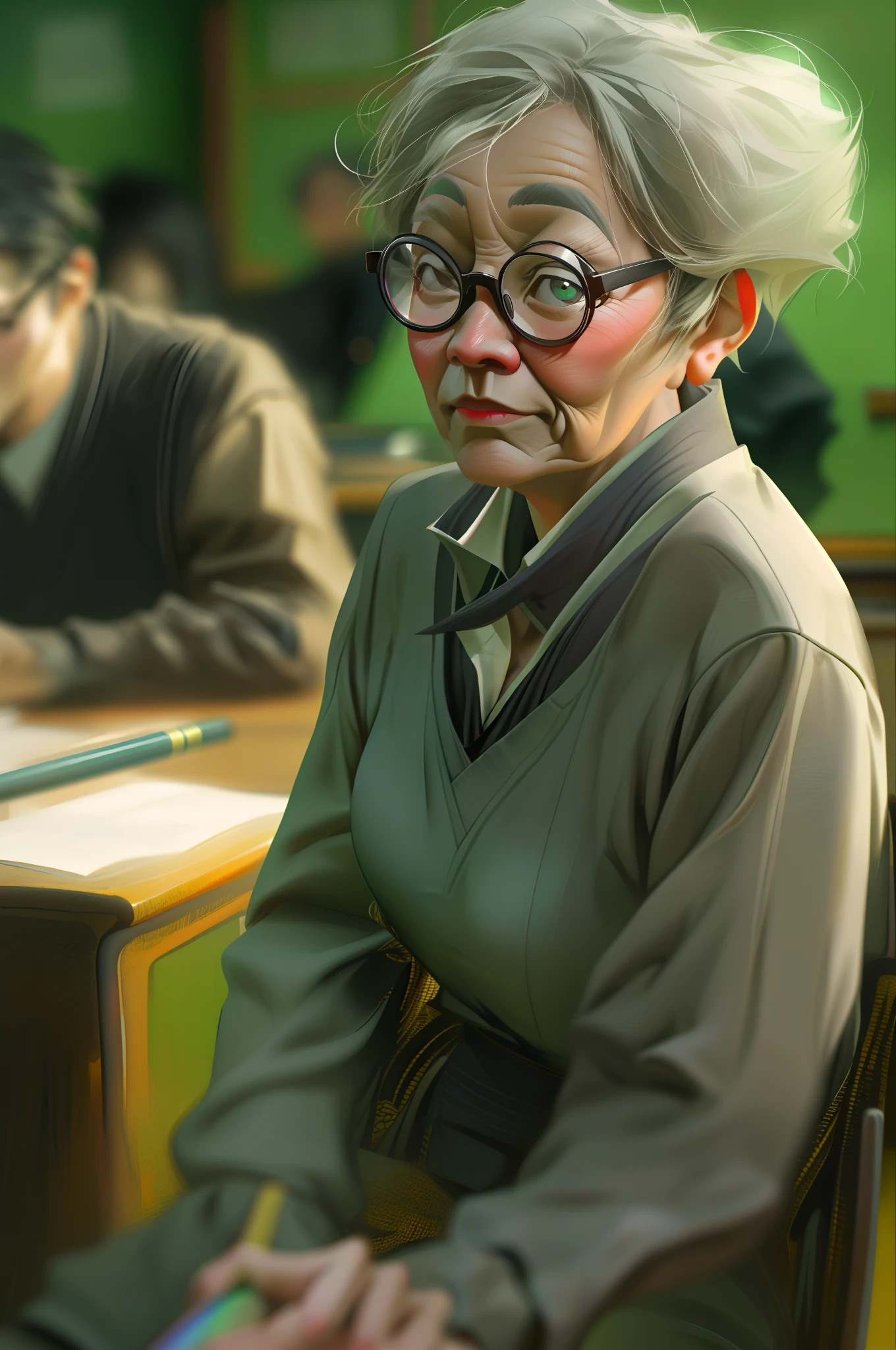 In the classroom,The teacher is lecturing the students,Gray-haired old teacher,Asian people,wears glasses,closeup cleavage,sharp focus on eyes,8K,super-fine,oil painted,Hyper-realistic,best qualtiy