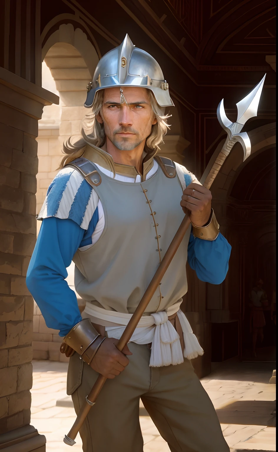 Spearman, man, weathered, age of 38, rough skin, wrinkle, middle-aged, wearing a helmet, South Europe people, correct anatomy of two hands, European, 16th century, renaissance, age of exploration, holding a spear, passersby face, npc face, mediocre,Featureless, not impressive