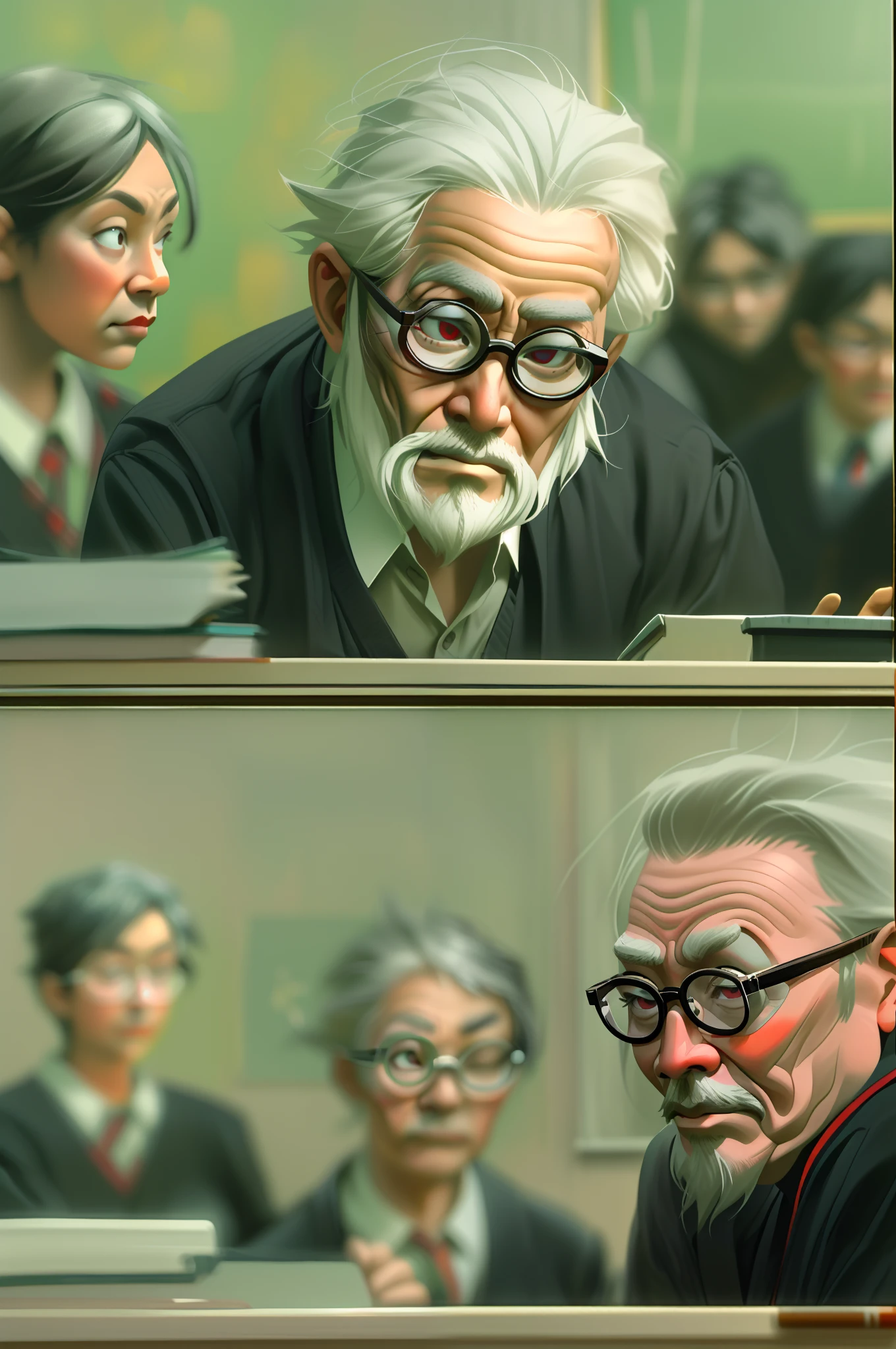 In the classroom，The teacher is lecturing the students，Gray-haired old teacher，Asian people，wears glasses，closeup cleavage，sharp focus on eyes，8K，super-fine，oil painted，Hyper-realistic，best qualtiy