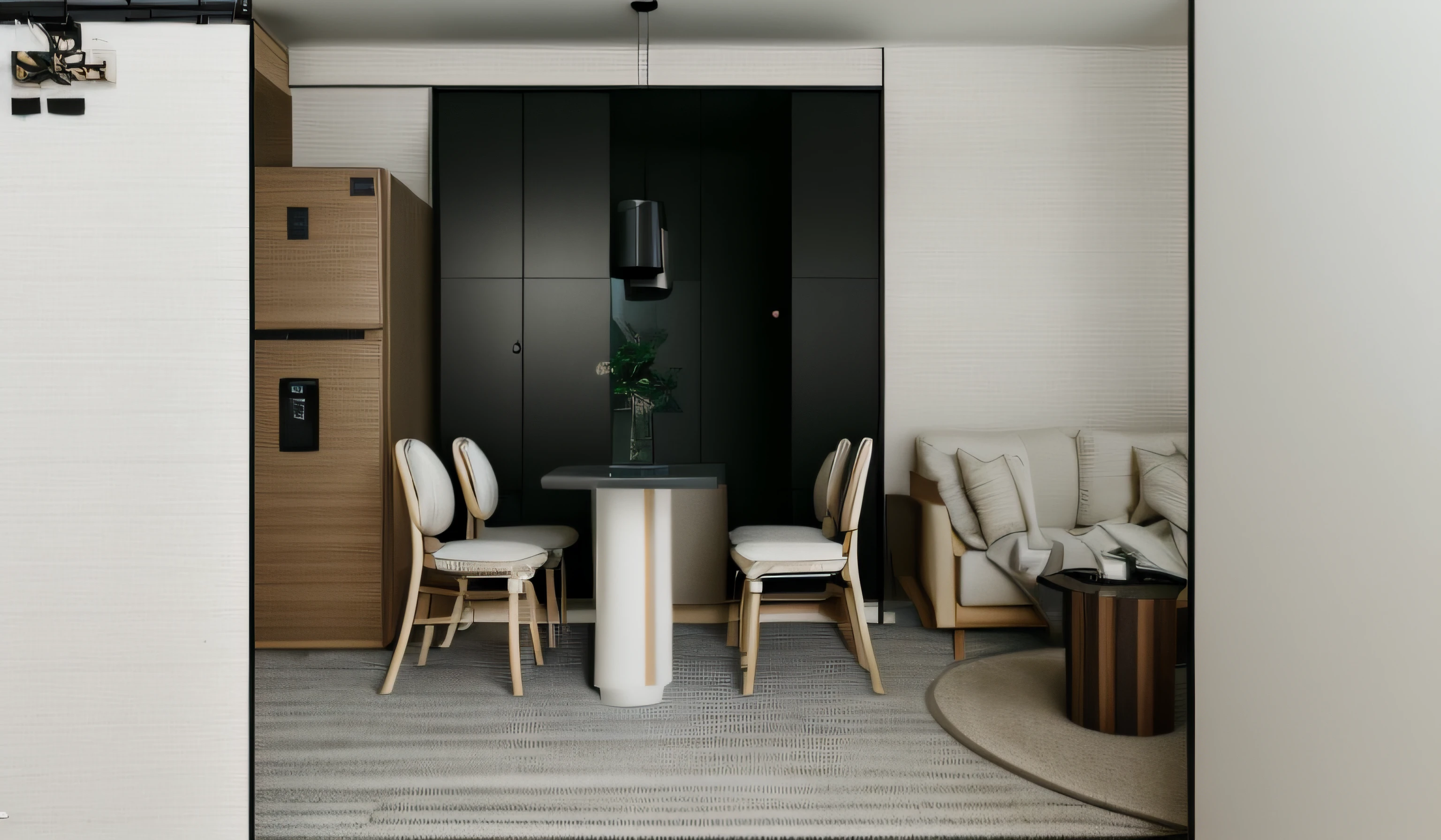 RAW photo, Masterpiece, high quality, best quality, authentic, super detailed, glossy indochina black furniture), minimalist architecture, minimalist bedroom, couch, table, carpet, shelf tv, 1 solid wood door:1.4,((laminated plaster,))), day light)), natural light fromt glass door, archdaily architecture, (high detail: 1.2), 8k uhd, dslr, soft light, high quality, film grain, Fujifilm XT3