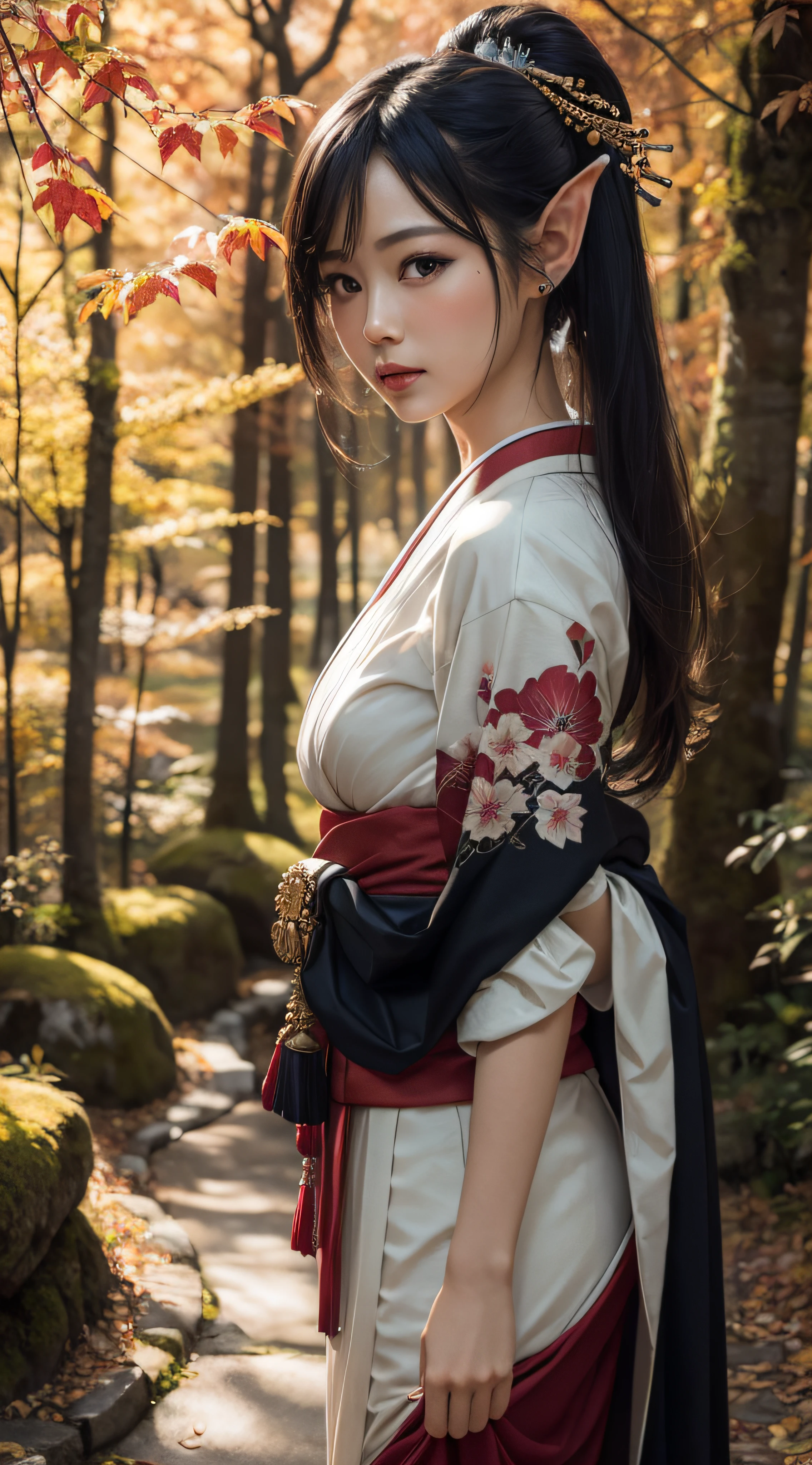 (Super elaborate CG Unity 8K wallpaper), (masterpiece), (highest quality), (realistic), geisha, kimono, dance, elf, pointed ears, ((best quality)), (super detailed)), (((photo)), autumn Japan forest