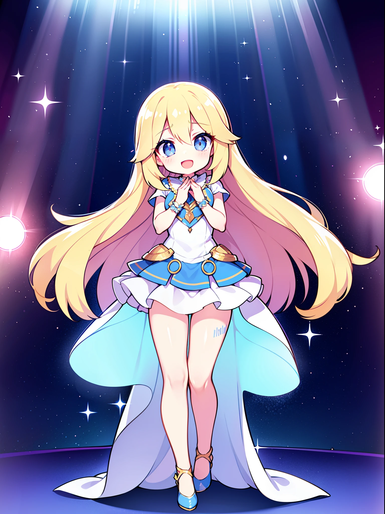 Modest, Shy, Cute, smart, blonde , straight long hair to the middle of the back; Nice friendly look, large grey eyes, long eyelashes; shapely body, Almost flat chest; narrow hips; Comedic actress, on the stage, Comedy, farce, humorous monologue, Comic number, Parody scene, humoresque, Stand-AP, KVN; Beautiful dress, Fluttering hair, rays of light; inspiration, happiness, Pathos, Impulse for the audience, looks into the hall, Reaching out to the audience, Excited; Sparkle in the eyes, laughter, joyful face; full body photographed; high quality textures, higly detailed