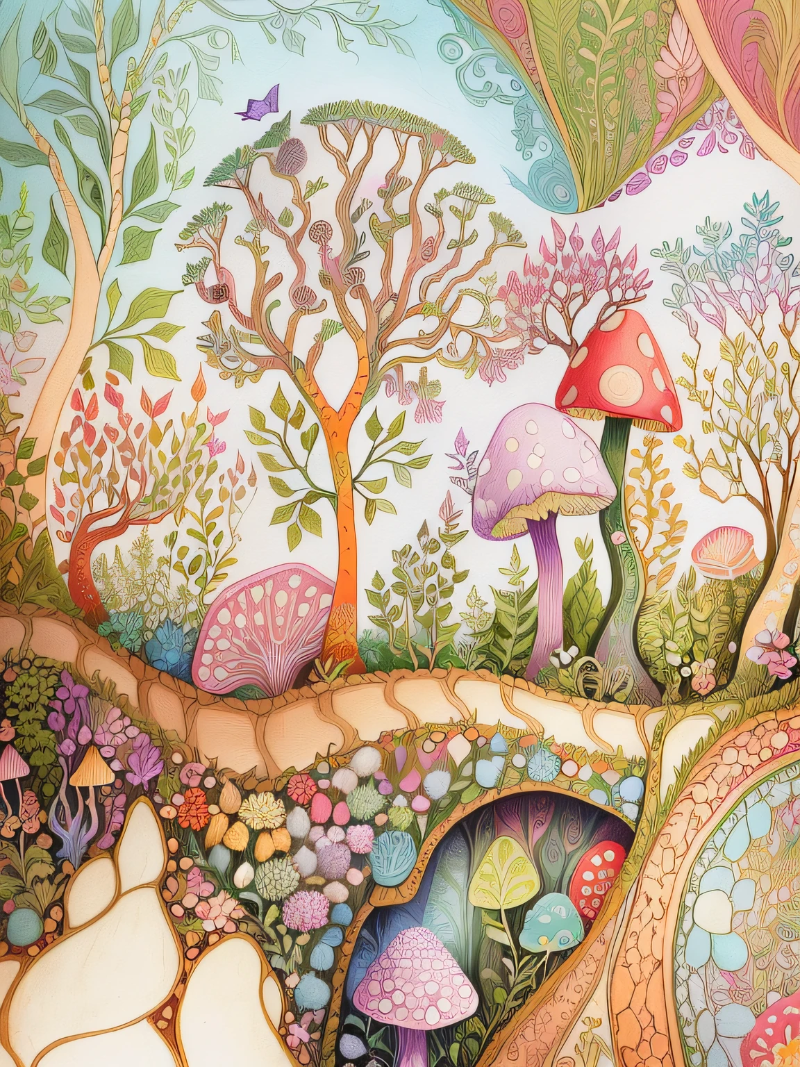 there is a drawing of a garden with a lot of plants and animals, whimsical forest, colourful!! highly detailed, enchanted magical fantasy forest, very detailed and colorful, hyperdetailed colourful, enchanted and magic forest, super detailed color art, psychedelic forest, highly intricate and colorful, whimsical fantasy landscape art, intricate detailed garden, mushroom forest, whimsical and psychedelic, psychedelic colouring