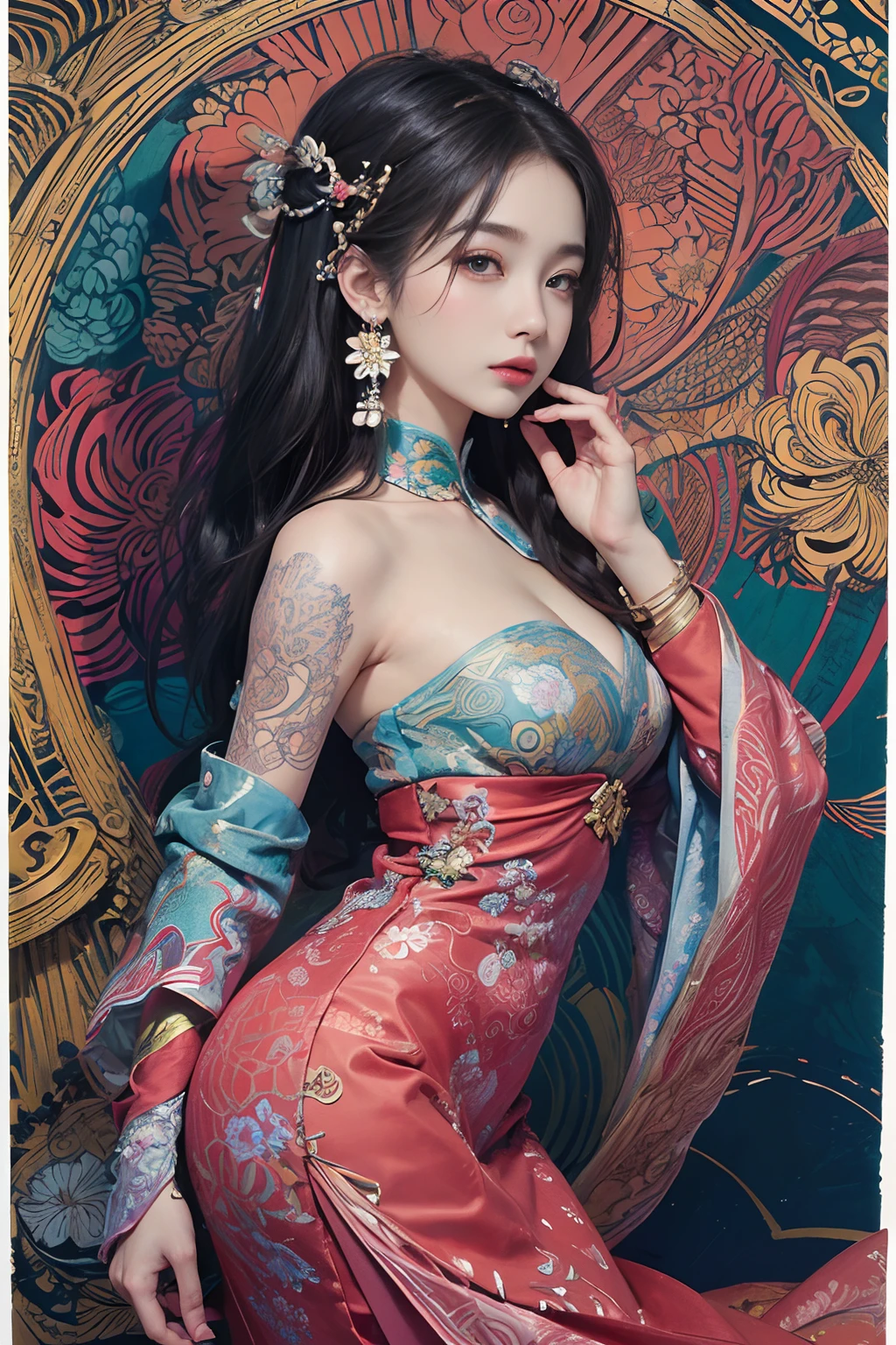 (masterpiece, top quality, best quality, official art, beautiful and aesthetic:1.2), (1girl:1.3), extremely detailed,(fractal art:1.1),(colorful:1.1)(flowers:1.3),highest detailed,(zentangle:1.2), (dynamic pose), (abstract background:1.3), (chinese Traditional cloth:1.2), (shiny skin), (many colors:1.4), ,(earrings:1.4),