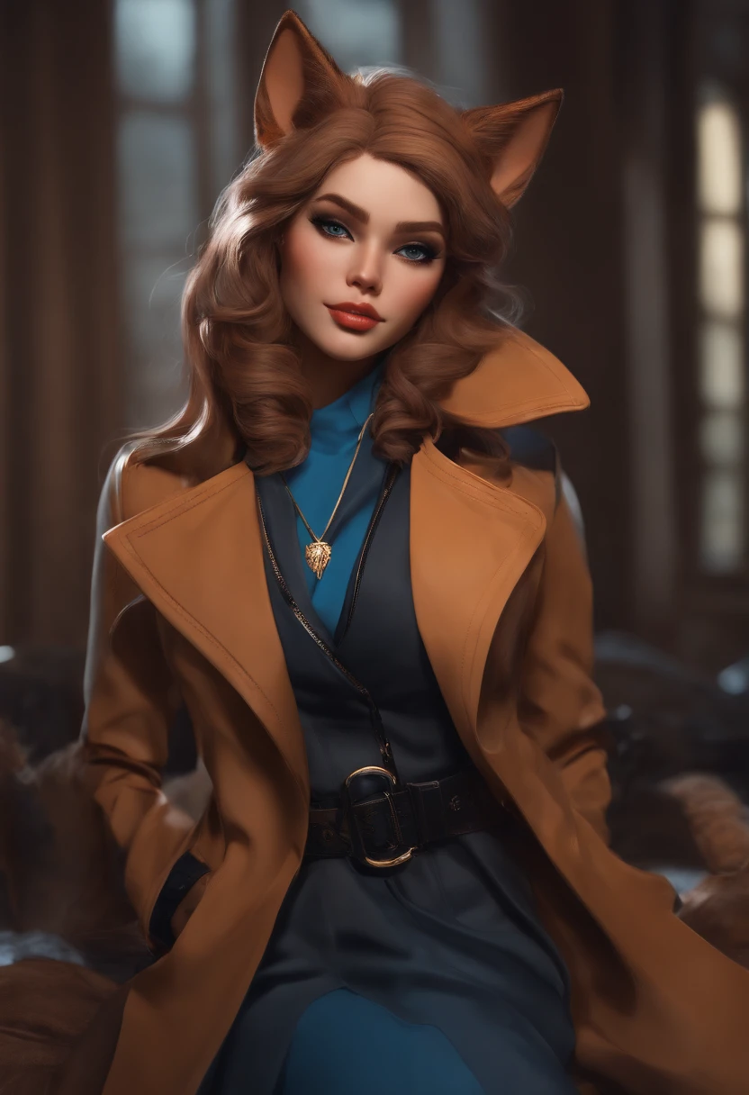 cat ear ember Hair is blue Brown skin National trench coat