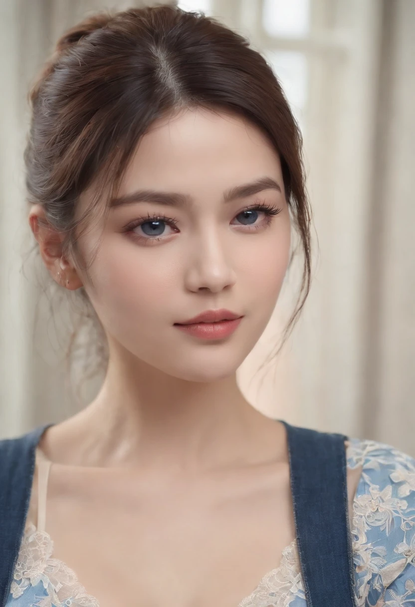Bigchest,big assa,Lash,Blue ponytail,30-year-old girl,at school,Blushing of the face,The eyes are terrified,Drunk,Painful expression,Cover your belly,with fair skin, full body, denim