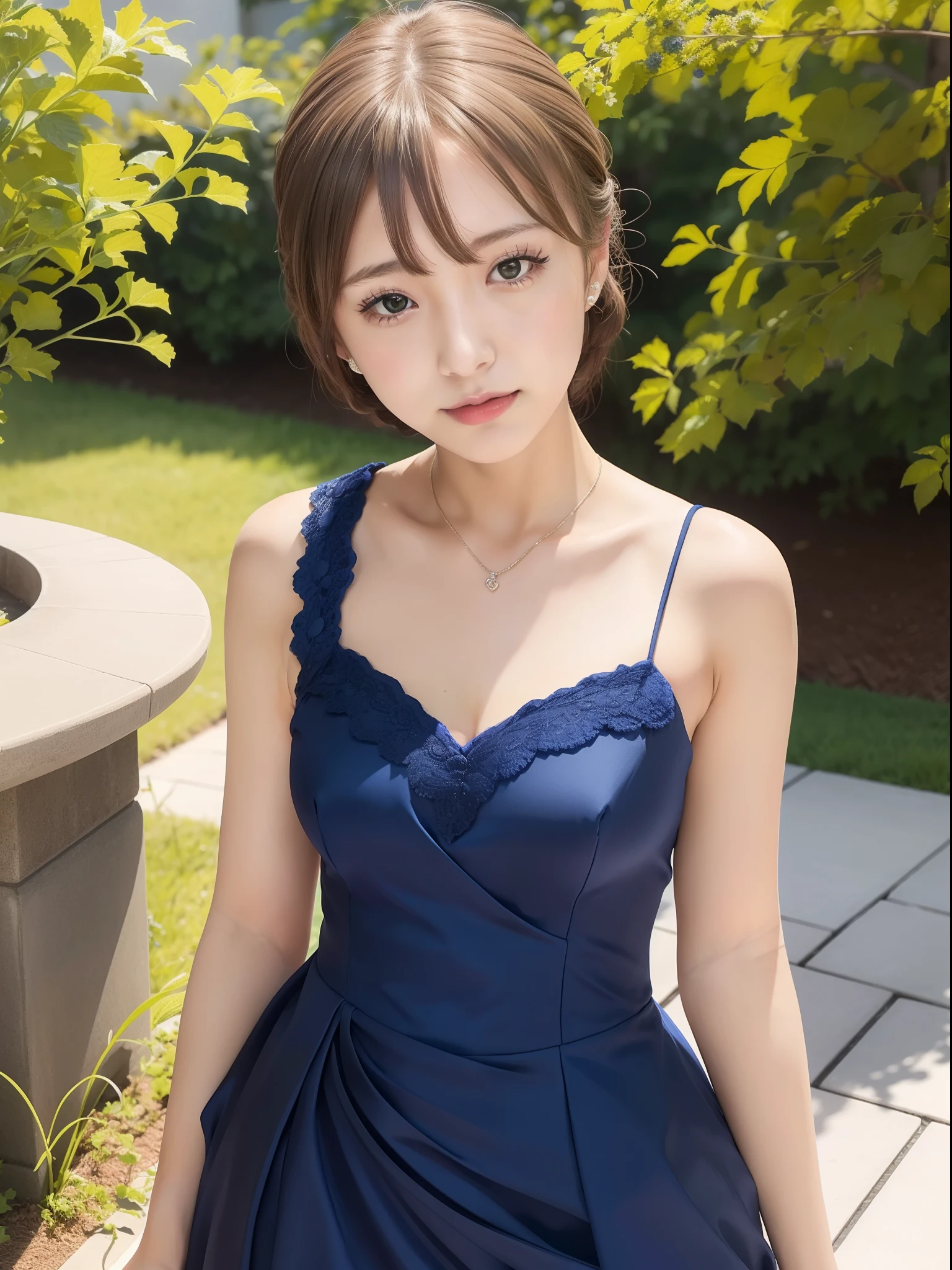 1 girl, Solo, Kaori Sakuramori (million live), Semi-formal dresses, Best Quality, 8K, Photorealistic, Ultra-detailed, Detailed skin, Blue Dress, Maxi dress, Party, depth of fields,