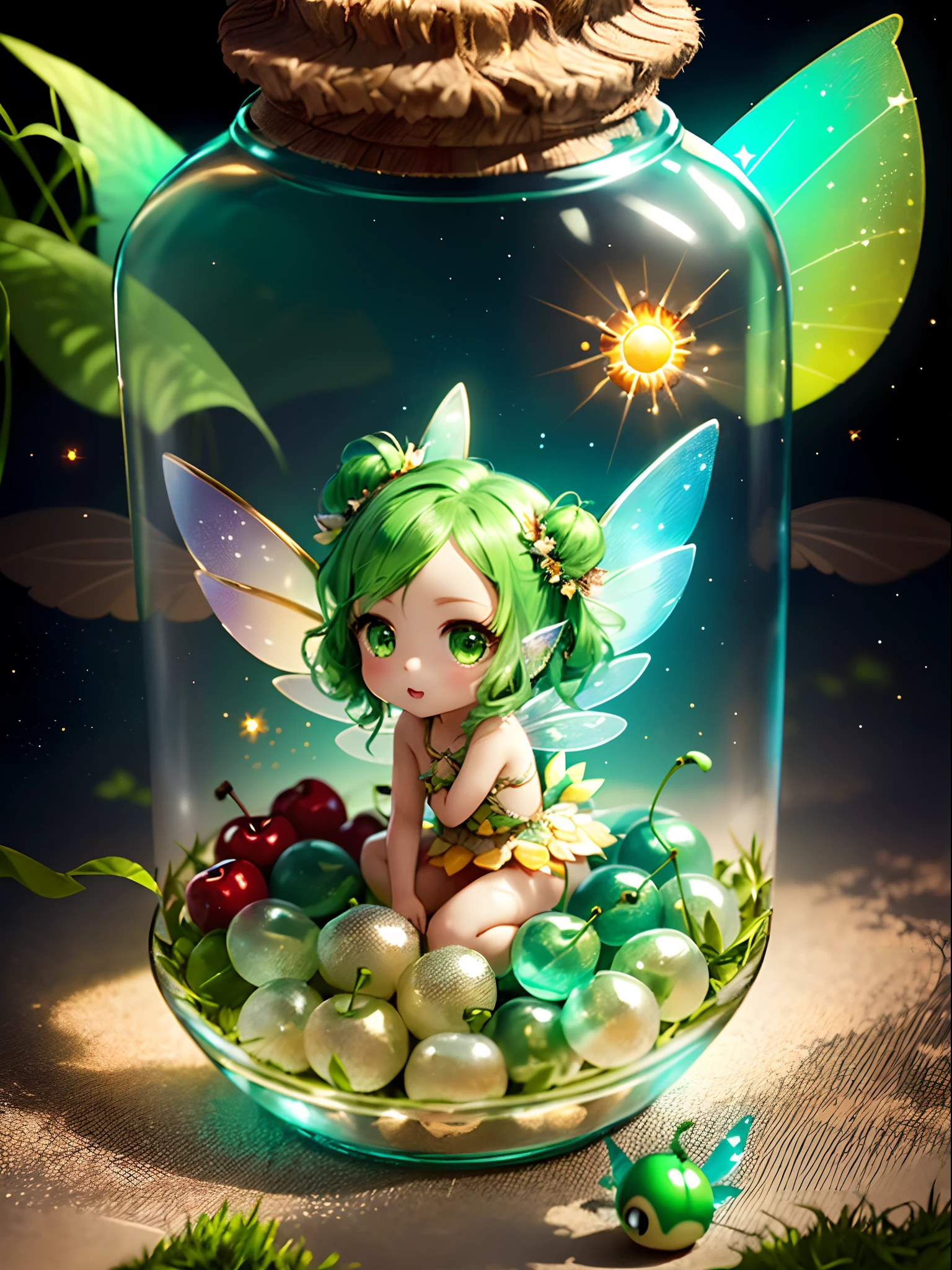 Chibi, kawaii, Tiny, Little fairy with green hair is trapped in a large glass jar,Green eyes, Lined cherry, Inside the glass jar is a pile of grass, (Wearing fairy wings of solar matter:1.5), greenhair, Green eyes, topknot, Grass hair ornament, very detailed drawing. Vivid colors. High image quality.