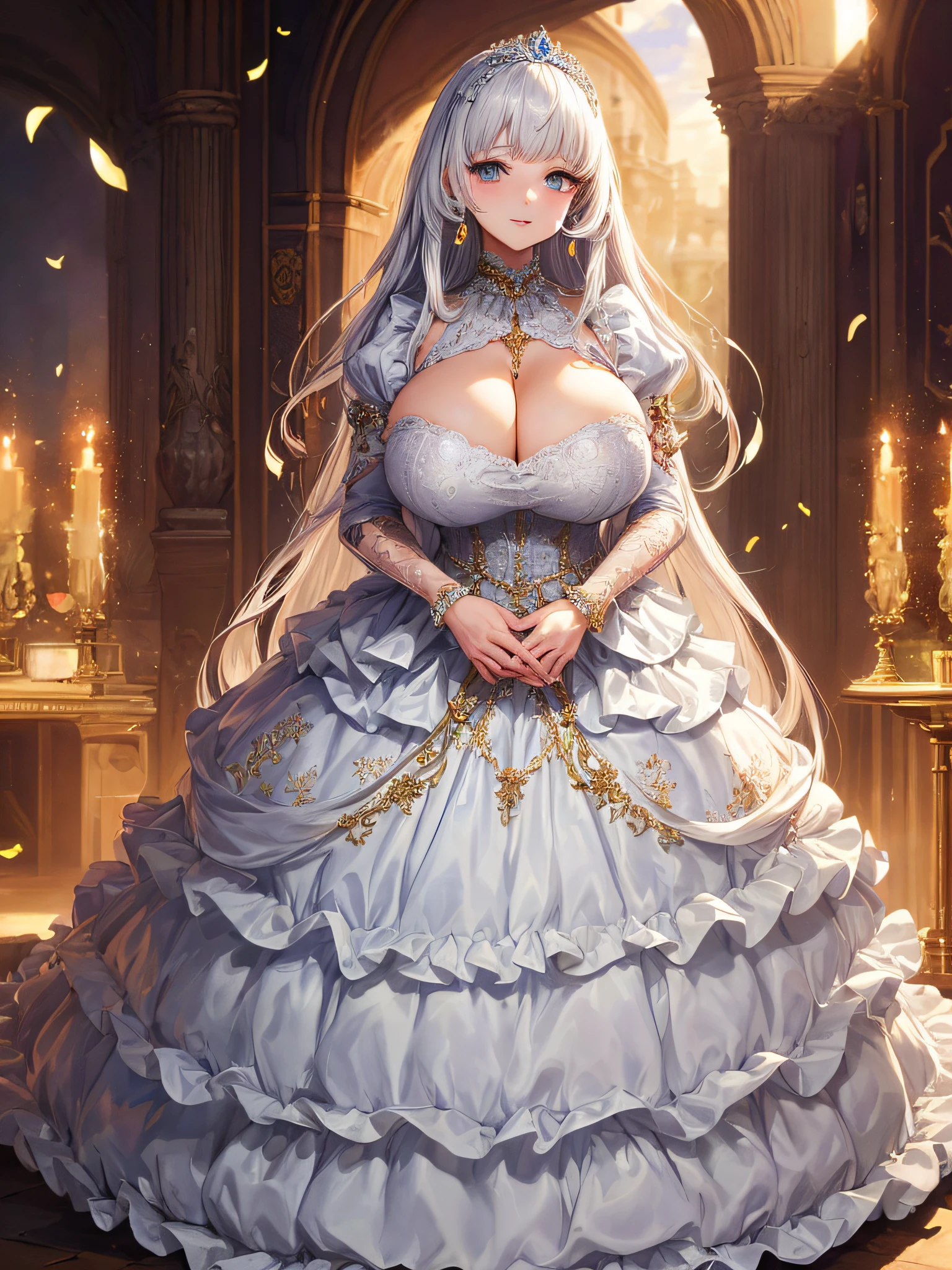 (masterpiece, best quality,extremely detailed:1.1),(moe anime art style:1.2),1girl,((full body)),((solo)), cute, kawaii,digital art,((1 bling-bling anime princess wearing beautiful embroidery and jeweled ruffled gorgeous princess ballgown with voluminous full length hoop skirt)),((crinoline)),long train,voluminous frills,(gorgeous embroidery and beautiful lace),((very gigantic boobs,skindentation)),cleavage,shiny hair,(((very long straight hair))),((finely detailed face and eyes)),clear pupil,extremely gorgeousfull hair ornament,(bling-bling jeweled extremely gorgeousfull tiara),(bling-bling gorgeous gemstone jewelry),long veil,beautiful background,fantasy background,flowers,flower petals flowing,full body,((beautiful embroidery and jeweled ruffled gorgeous princess ballgown with voluminous full length hoop skirt))