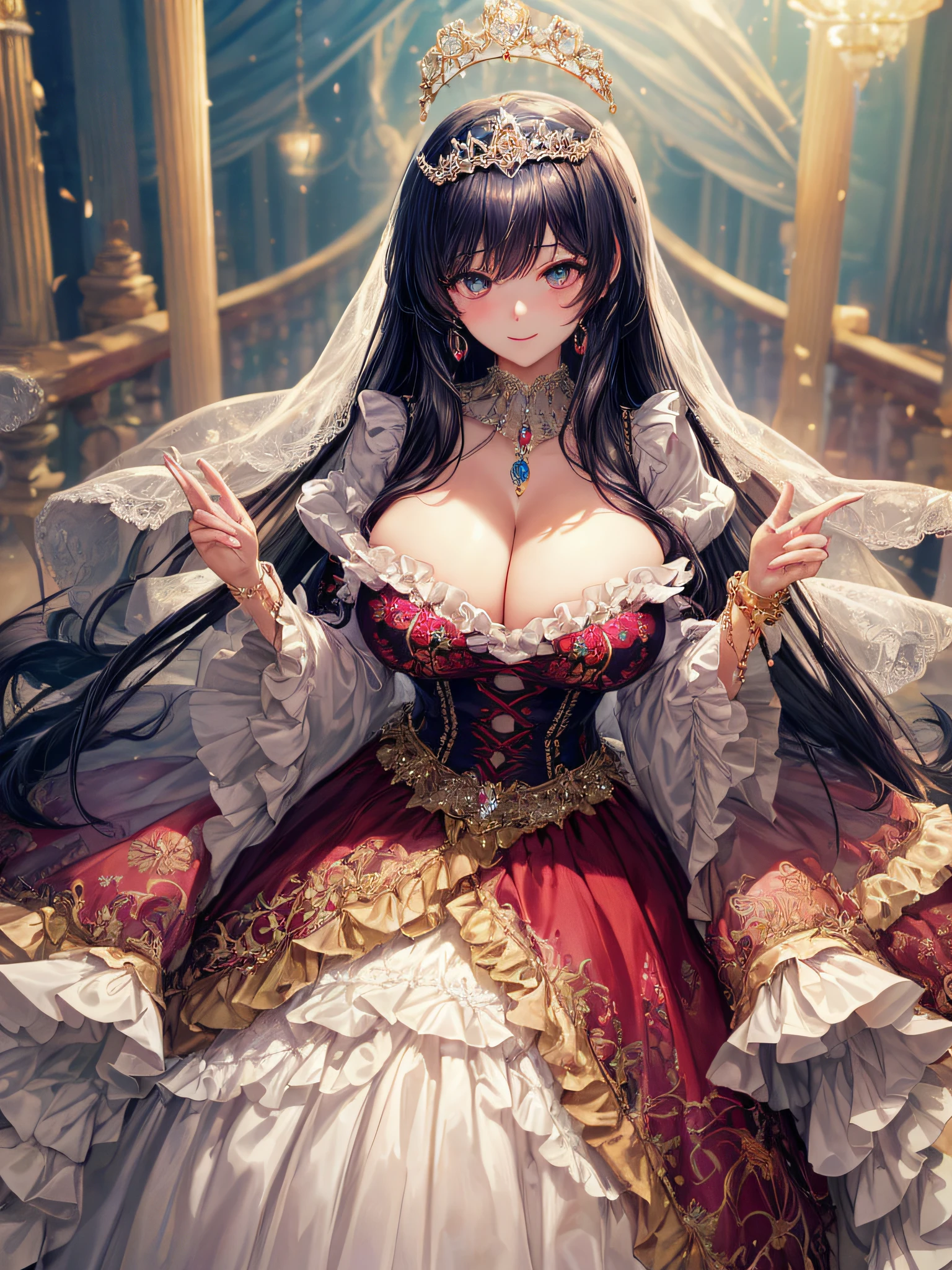 (masterpiece, best quality,extremely detailed:1.1),(moe anime art style:1.2),1girl,((full body)),((solo)), cute, kawaii,digital art,((1 bling-bling anime princess wearing beautiful embroidery and jeweled ruffled gorgeous princess ballgown with voluminous full length hoop skirt)),((crinoline)),long train,voluminous frills,(gorgeous embroidery and beautiful lace),((very gigantic boobs,skindentation)),cleavage,shiny hair,(((very long straight hair))),((finely detailed face and eyes)),clear pupil,extremely gorgeousfull hair ornament,(bling-bling jeweled extremely gorgeousfull tiara),(bling-bling gorgeous gemstone jewelry),long veil,beautiful background,fantasy background,flowers,flower petals flowing,full body,((beautiful embroidery and jeweled ruffled gorgeous princess ballgown with voluminous full length hoop skirt))