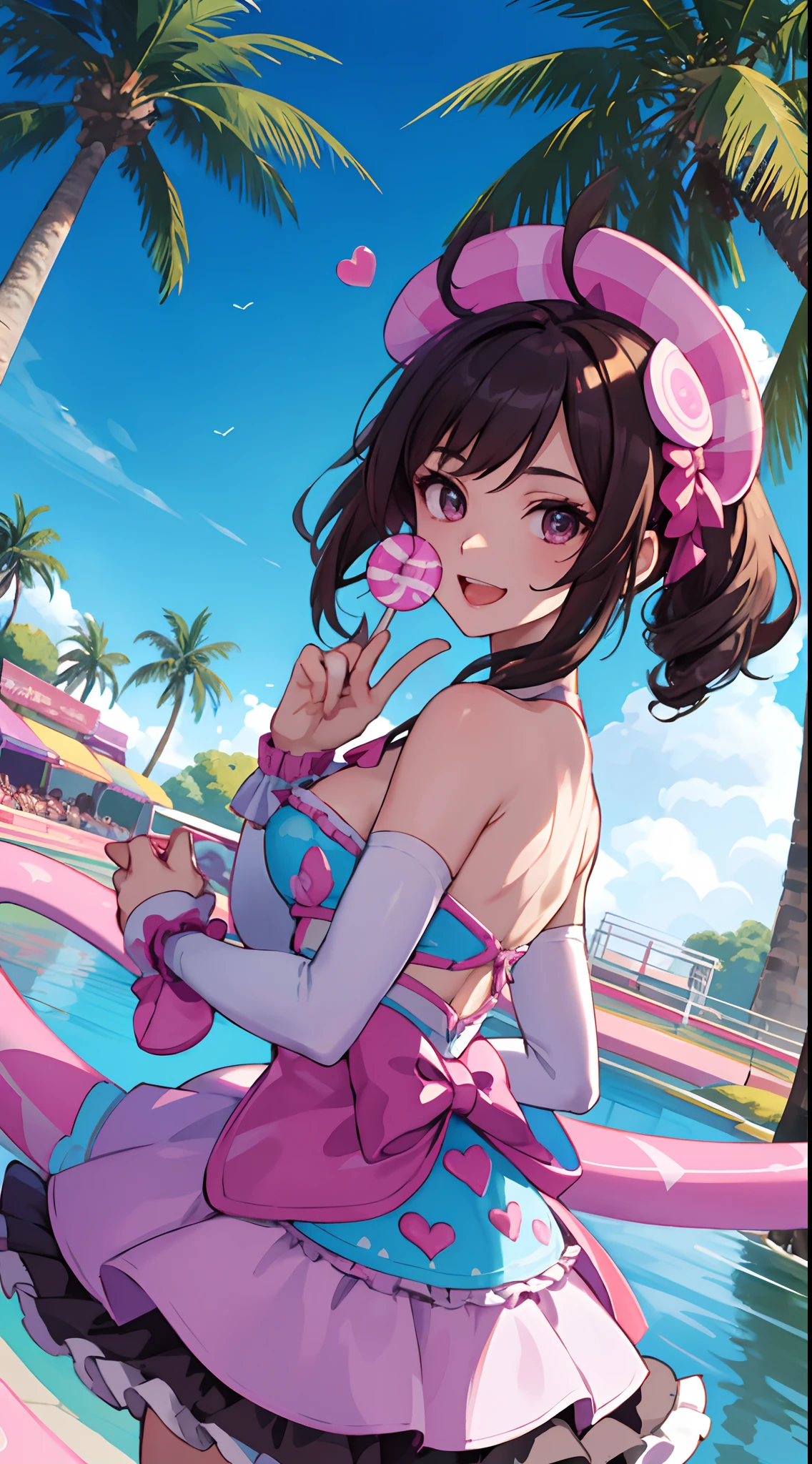 1 girl, upper body, single focus, sweet allure, Vanellope-inspired attire, mischievous smile, (Sugar Rush Speedway: 1.4), (candy-filled world: 1.3), candy-themed features, playful aura, [depth of field, ambient lighting, candy racetrack foreground, sugary landscape background], Sugar Rush's Vanellope Von Schweetz, candy racing adventures, whimsical candy world, (giant lollipop trees), (sugar-coated finish line: 1.2), intricate details, enhanced lighting.