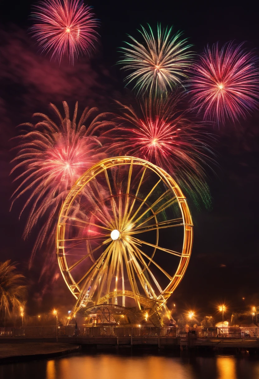 fireworks in the sky with a ferris and ferris wheel