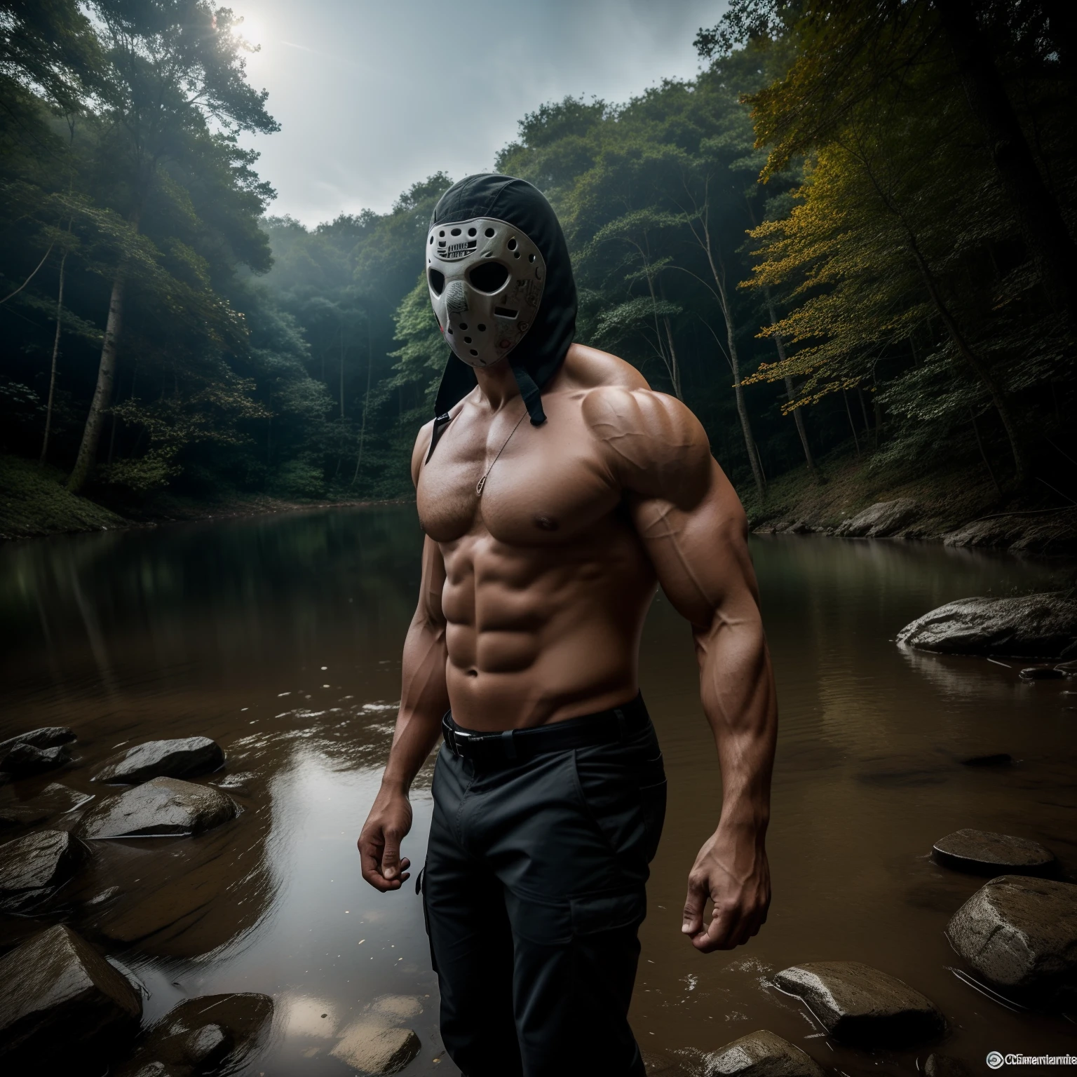 sexta-feira 13、Assassino Jason Voorhees sem camisa, super musculoso、Defined muscles 、macho 、 master part、melhor qualidade、Qualidade de imagem superior、corpo musculoso ensanguentado、4k、Passeie perto de Crystal Lake、pose de corpo inteiro、Terra verde exuberante Shot on 35mm lens, fotorrealista, White balance, Pro Foto RGB, Processamento profissional, insanamente detalhado, ultra-detalhado, detalhes intrincados, super detalhado, Ambiente