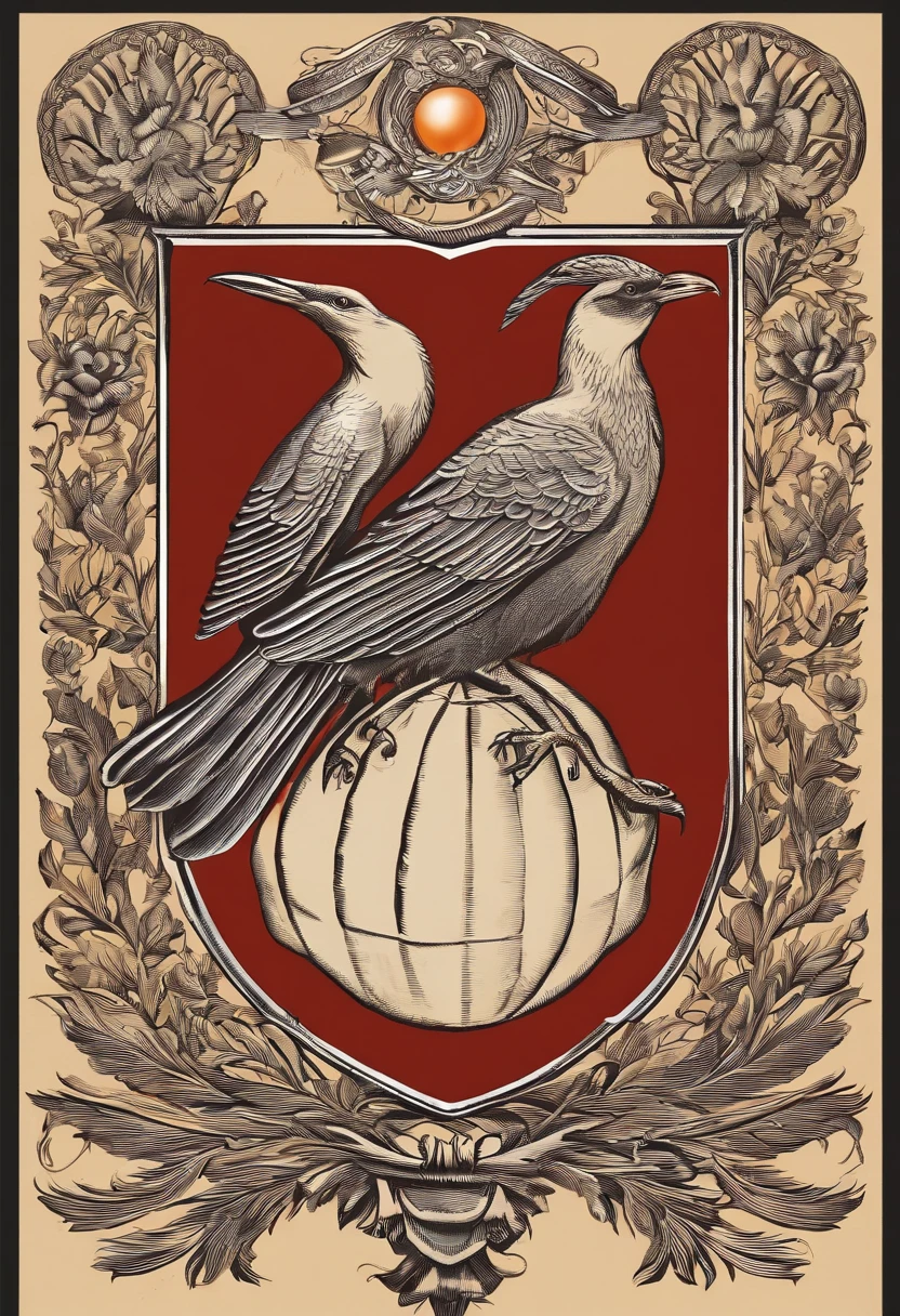 The coat of arms has an orange sun,One basket and one red two birds