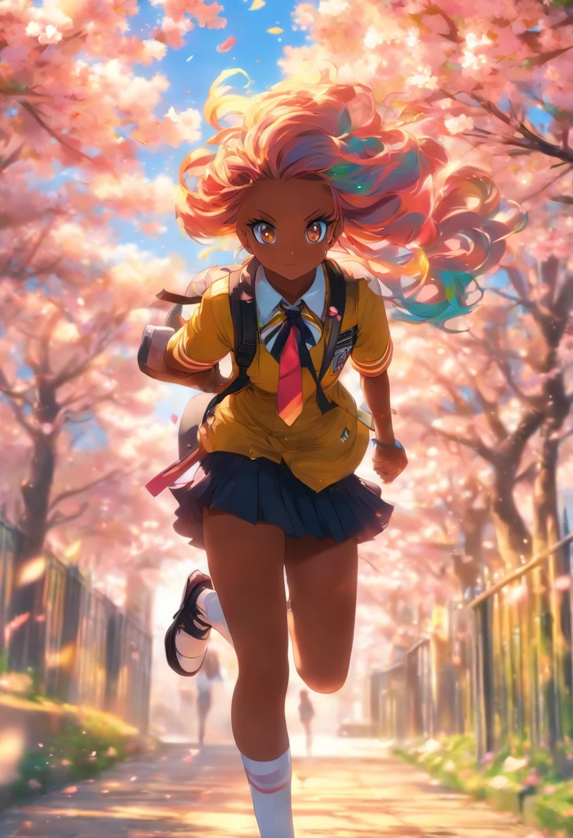 The most beautiful and sexy school girl, rainbow colored hair, yellow eyes, dark skin, wearing sexy school uniform, knee high socks and backpack, tattoos and piercings, cherry blossoms blowing in the wind, school campus, perfect masterpiece, high quality, high resolution