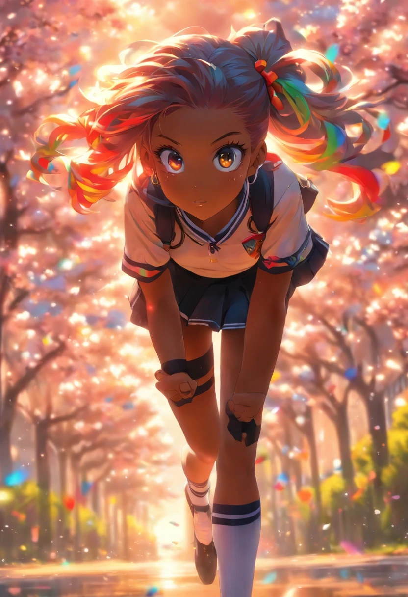 The most beautiful and sexy school girl, rainbow colored hair, yellow eyes, dark skin, wearing sexy school uniform, knee high socks and backpack, tattoos and piercings, cherry blossoms blowing in the wind, school campus, perfect masterpiece, high quality, high resolution