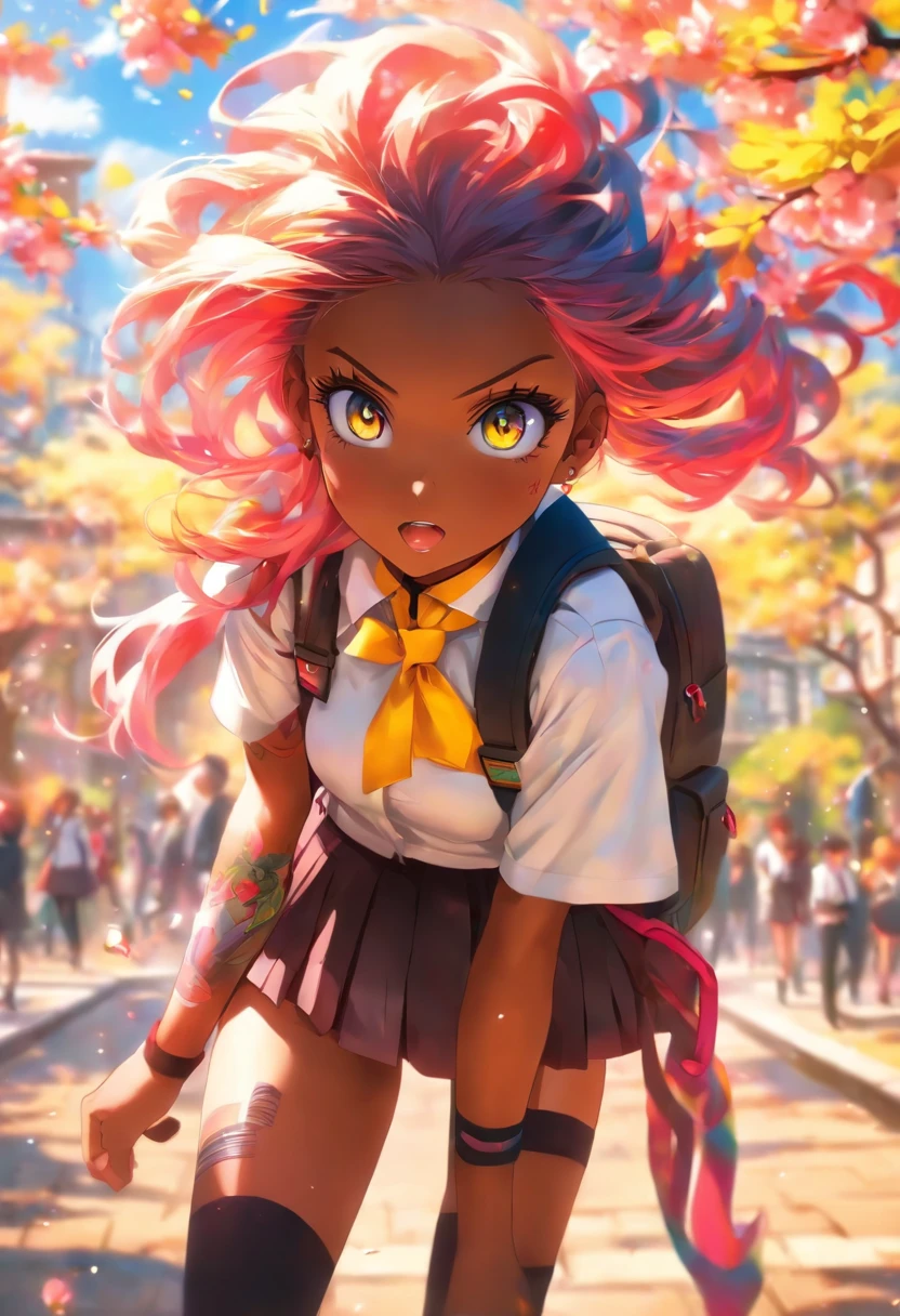 The most beautiful and sexy school girl, rainbow colored hair, yellow eyes, dark skin, wearing sexy school uniform, knee high socks and backpack, tattoos and piercings, cherry blossoms blowing in the wind, school campus, perfect masterpiece, high quality, high resolution