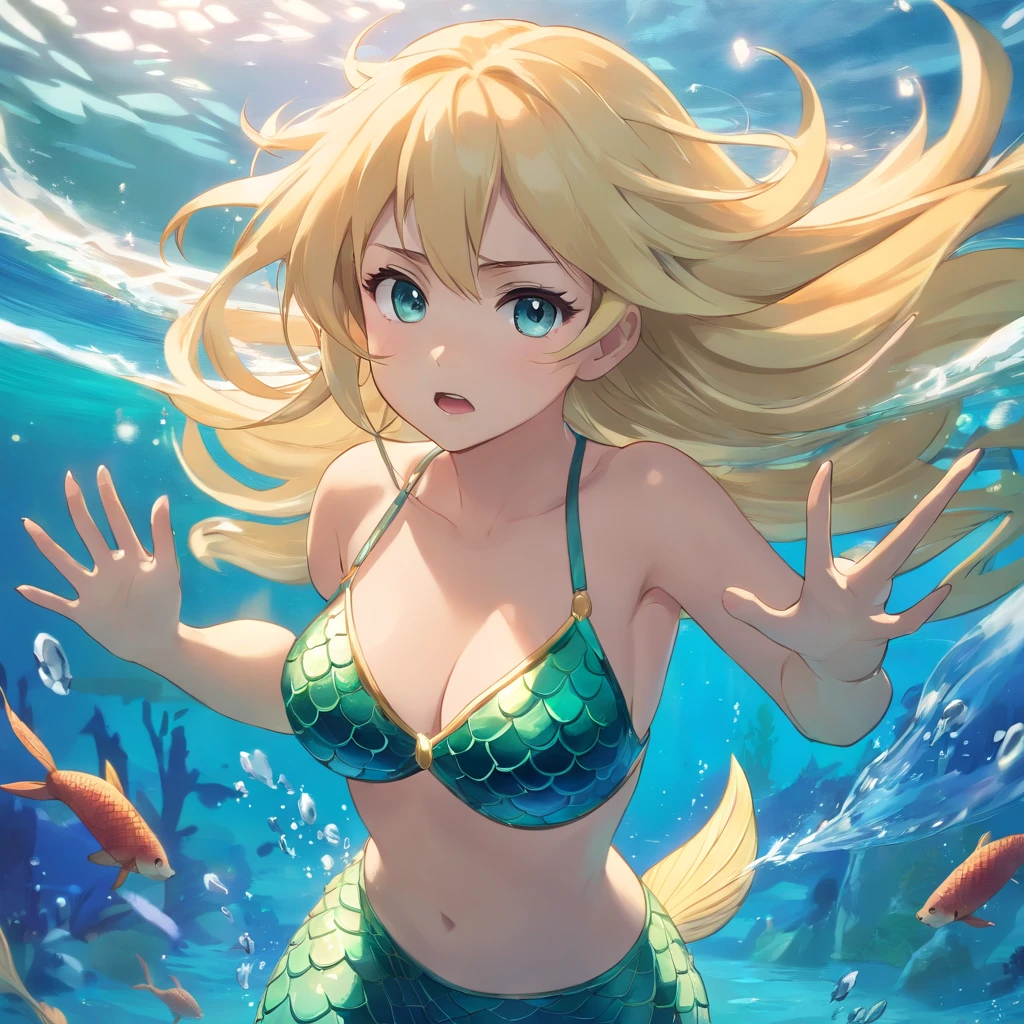 Mermaid girl anime, mermaids, Angry girl, Blonde girl, mermaids, waterpower, blonde flowing hair, flat anime style shading, anime woman, anime-style character, flat anime style, powerful posing, blond hairbl, Mermaid costume, powerful posing, aquatic, Powerful anime girl, Underwater