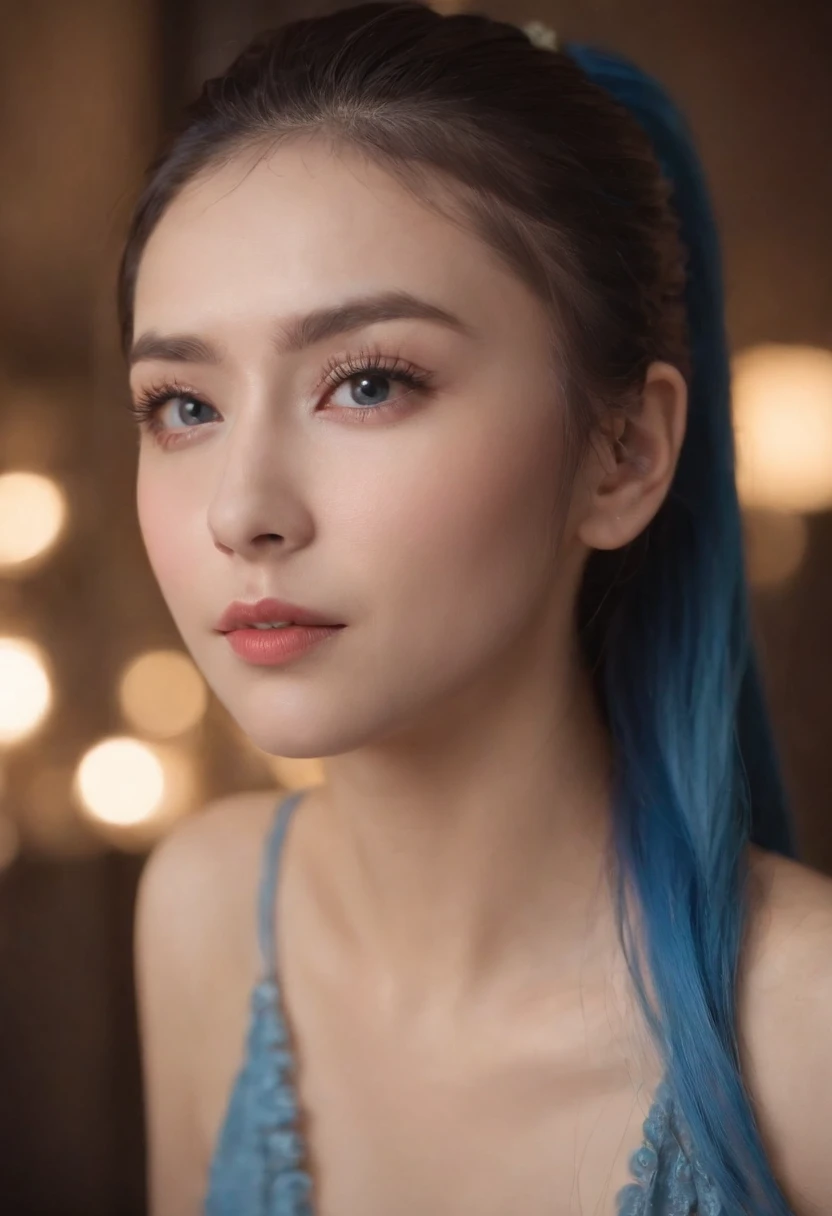 Bigchest,big assa,Lash,casual, Blue ponytail,30-year-old girl,On the coffeeshop,Blushing of the face,The eyes are terrified,Drunk,Painful expression,Cover your belly,with fair skin, full body
