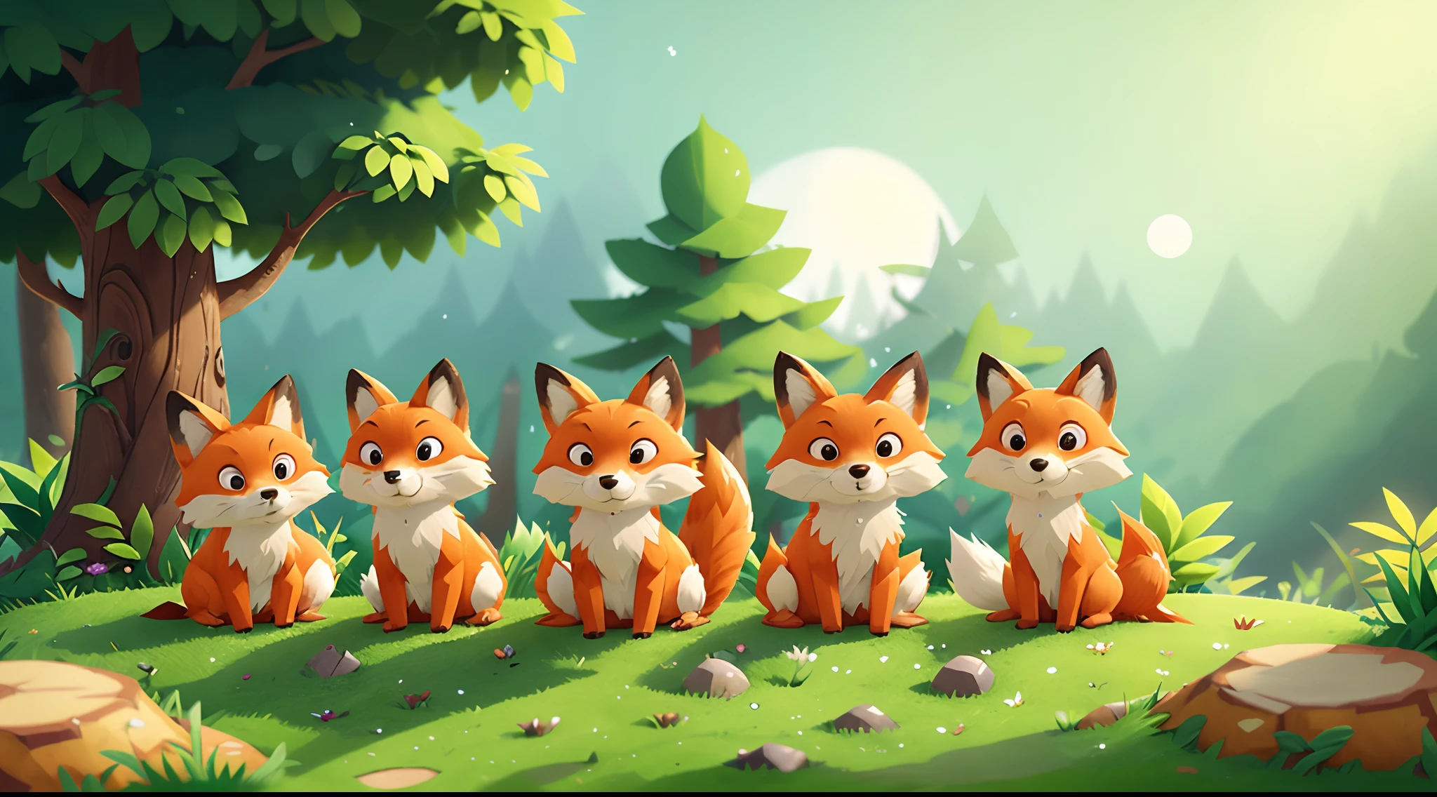Three foxes and a dog sit on the stump, 3d rendering stylized, cute detailed digital art, Adorable Digital Painting, 3d rendering stylized, Three forest creatures, trending on polycount, cute 3d render, stylized game art, stylized 3 d, stylized concept art, children's art in artstation, Cute digital art, cute forest creature