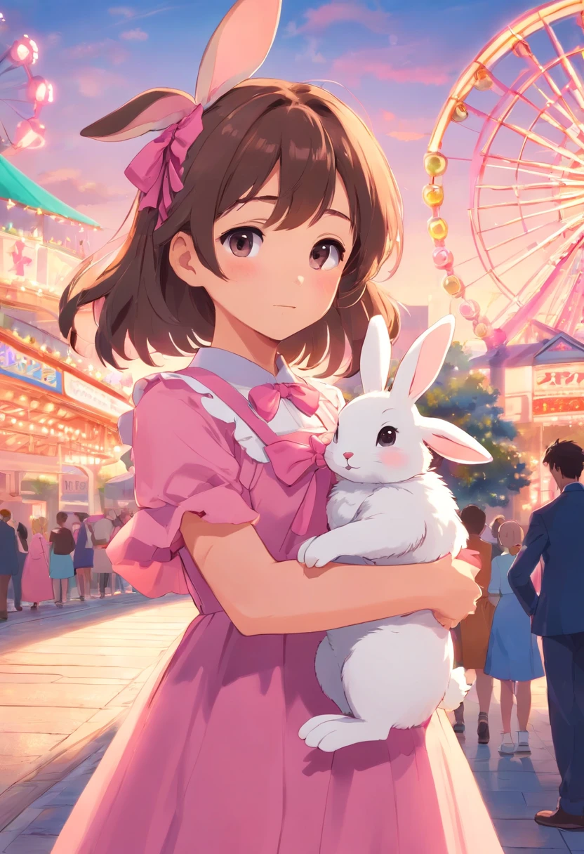 in a long dress holding a little rabbit hairpin in one hand,Holding one dressed in pink at a large amusement park,A little bunny wearing a scalloped bow hairpin