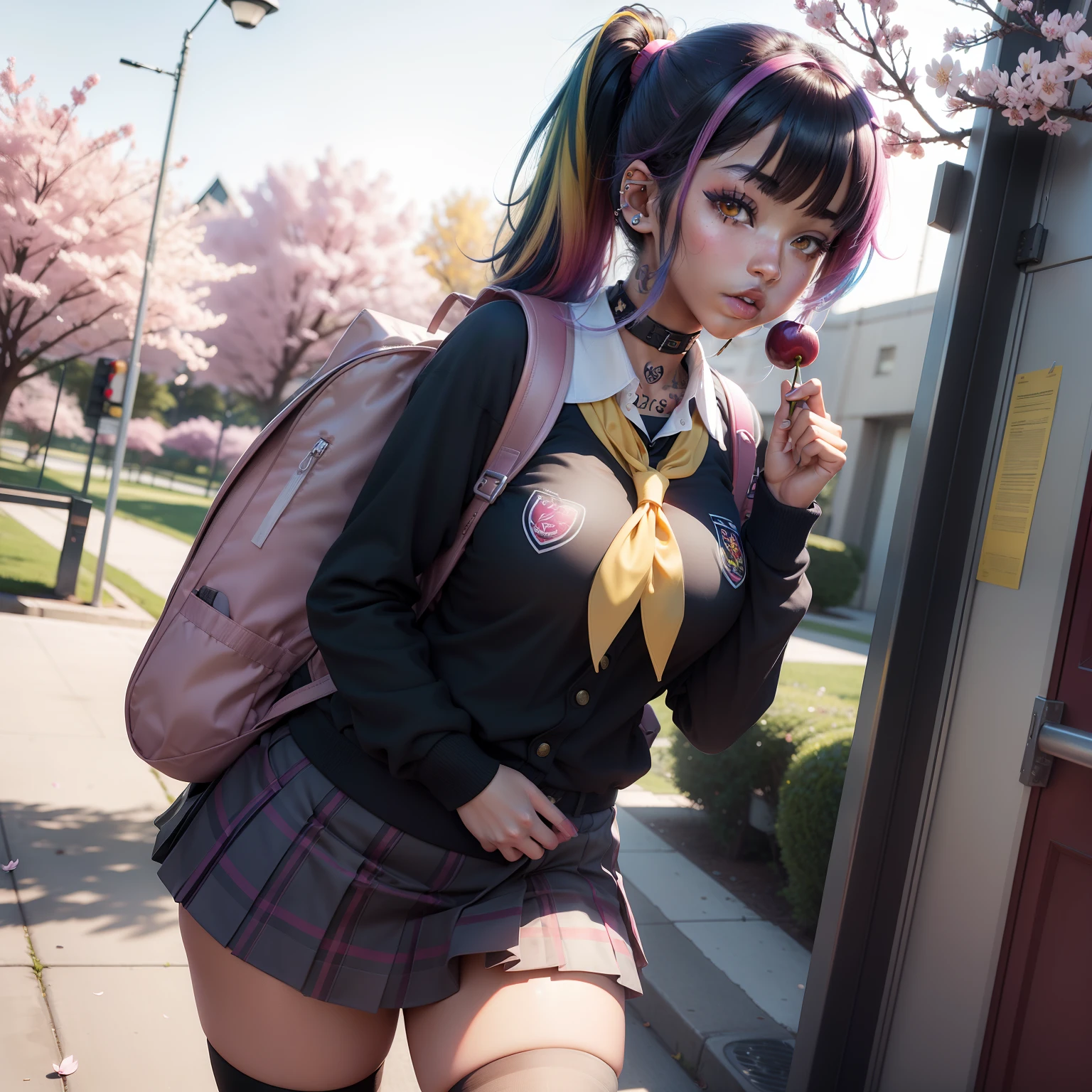 The most beautiful and sexy school girl, rainbow colored hair, yellow eyes, dark skin, wearing sexy school uniform, knee high socks and backpack, tattoos and piercings, cherry blossoms blowing in the wind, school campus, perfect masterpiece, high quality, high resolution