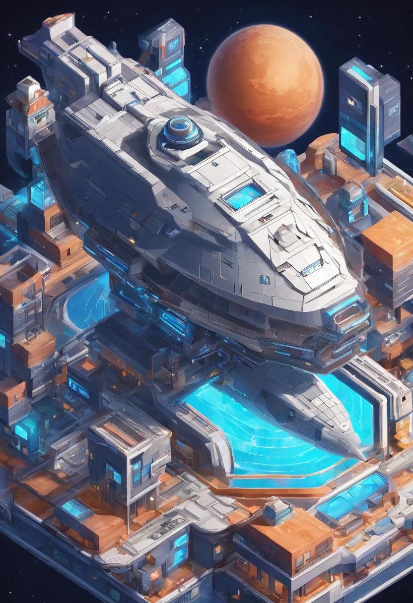3d isometric space ship flying in space, ultra-detailed 8k sharp details blender style artwork,