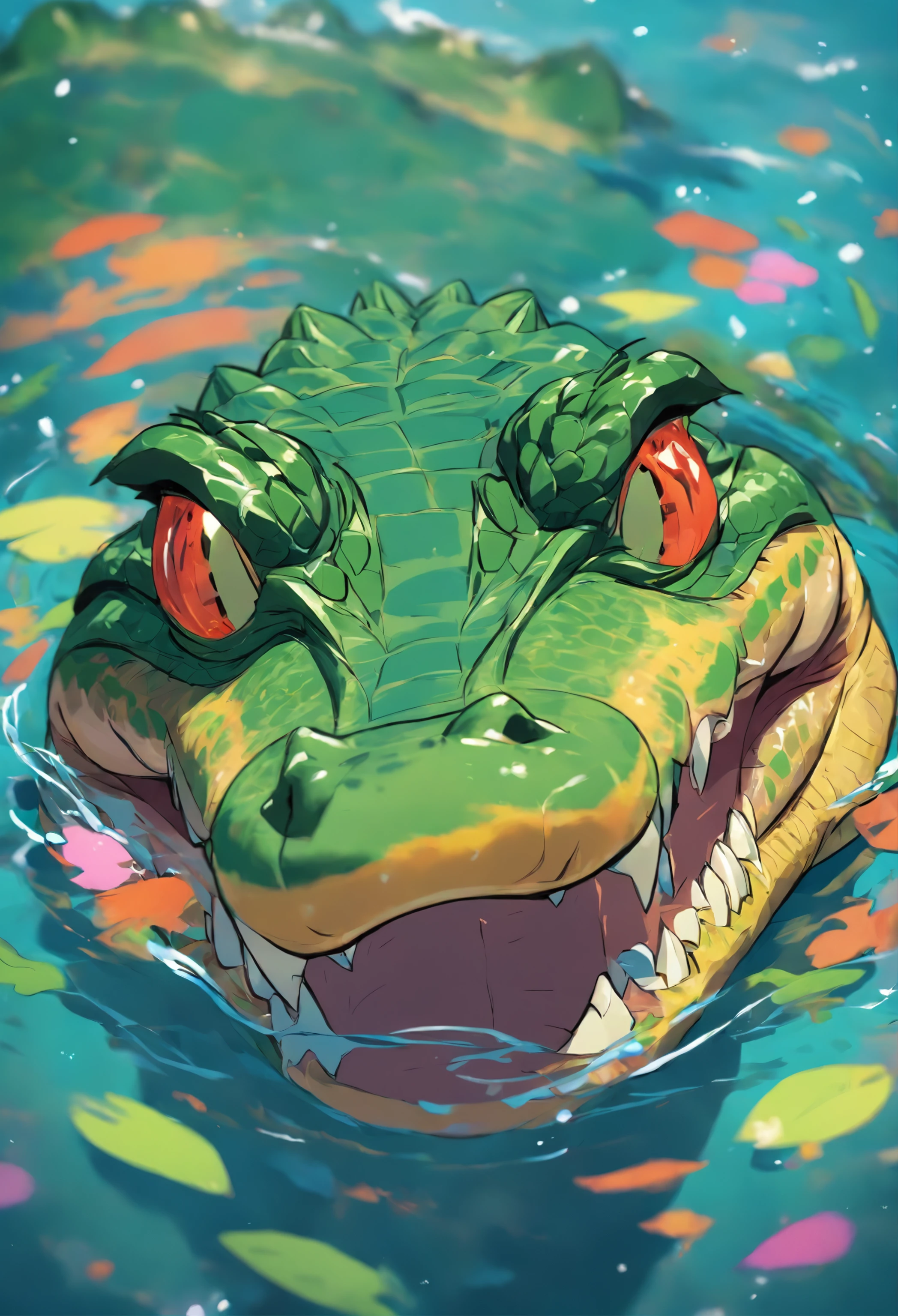 An alligator, use of sunglasses, Feliz, muito detalhado, Colorido, dentes afiados, Aprovado