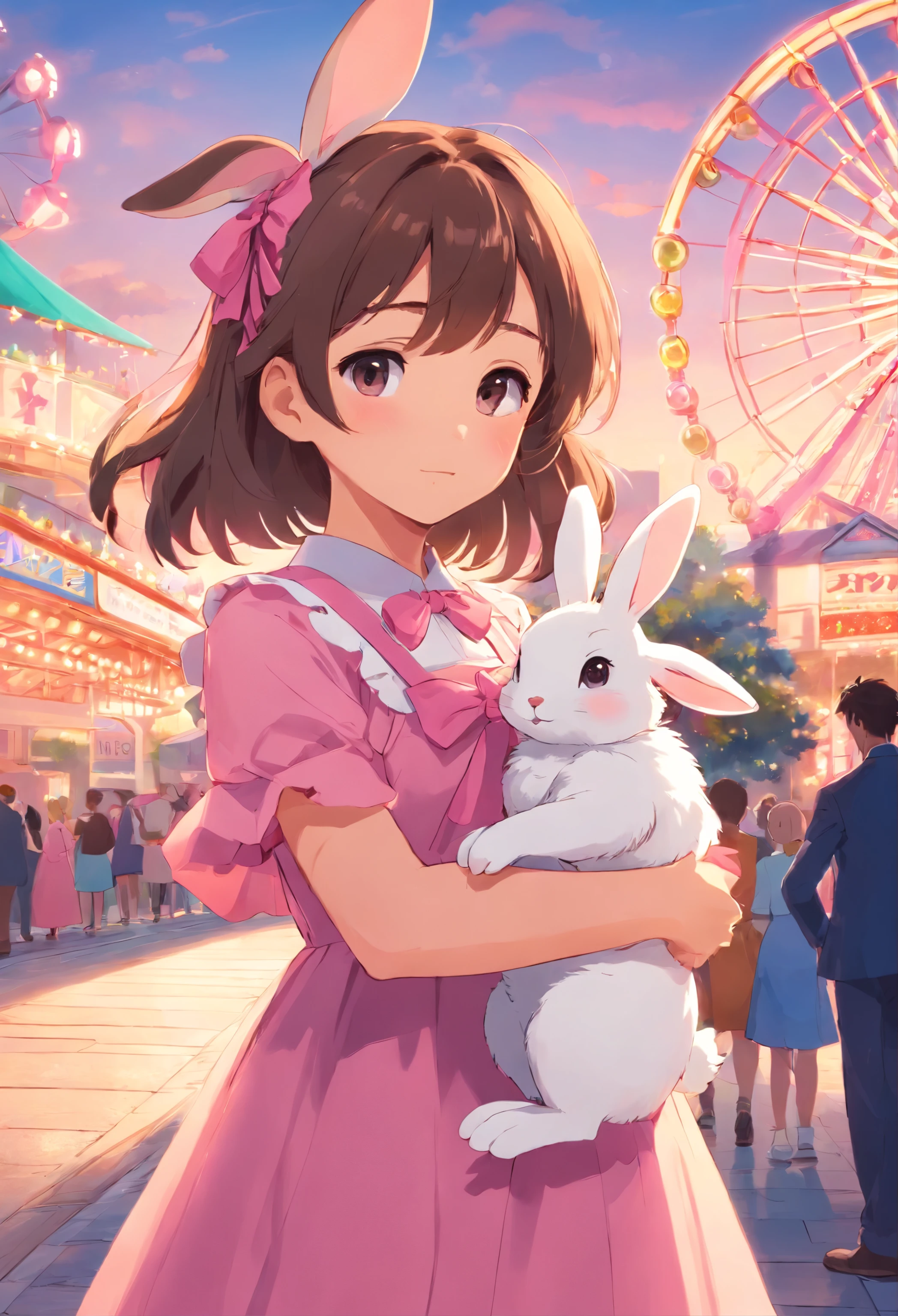 in a long dress holding a little rabbit hairpin in one hand,Holding one dressed in pink at a large amusement park,A little bunny wearing a scalloped bow hairpin