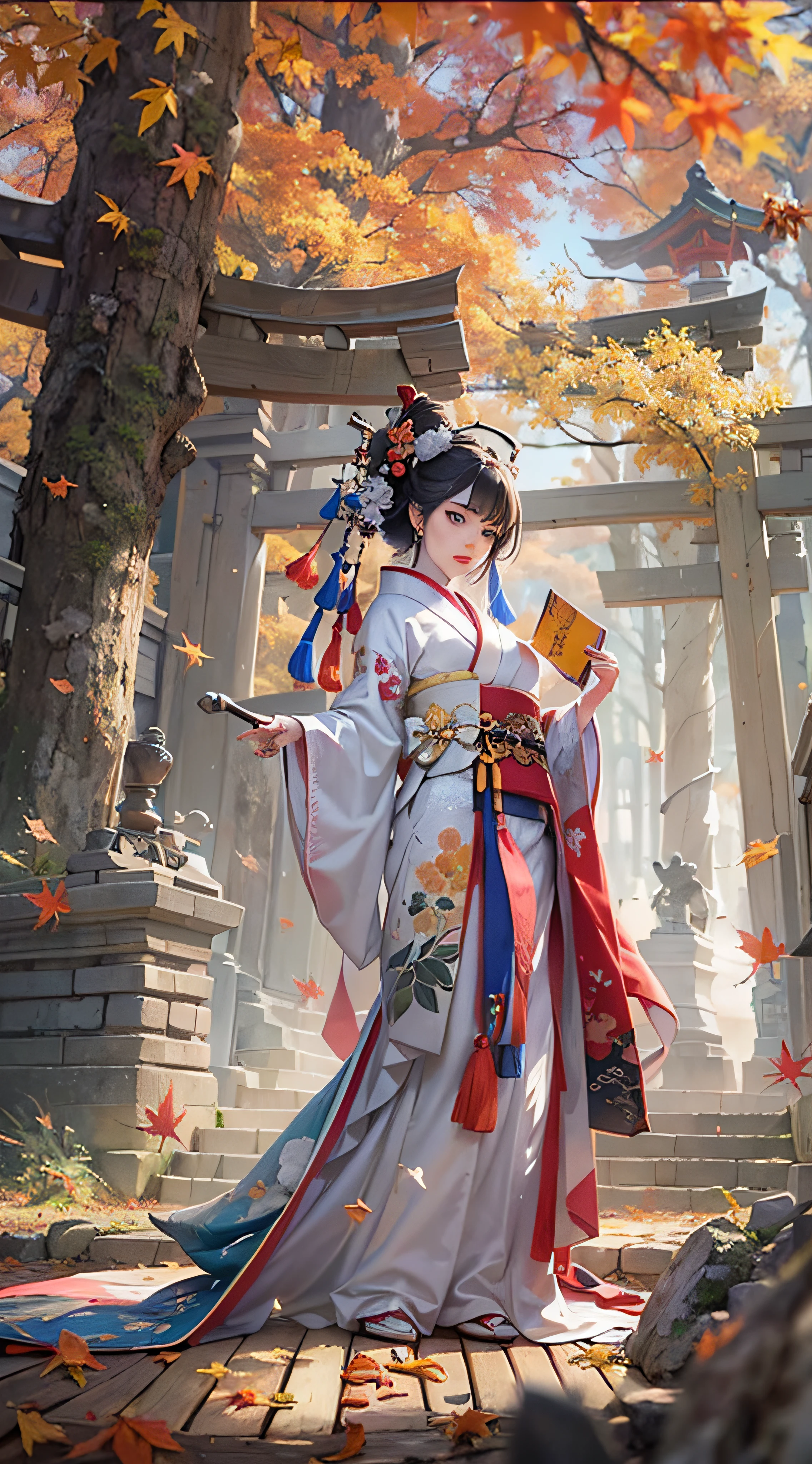 (Super elaborate CG Unity 8K wallpaper), (masterpiece), (highest quality), (realistic), geisha, kimono, dance, elf, pointed ears, ((best quality)), (super detailed)), (((photo)), autumn Japan forest