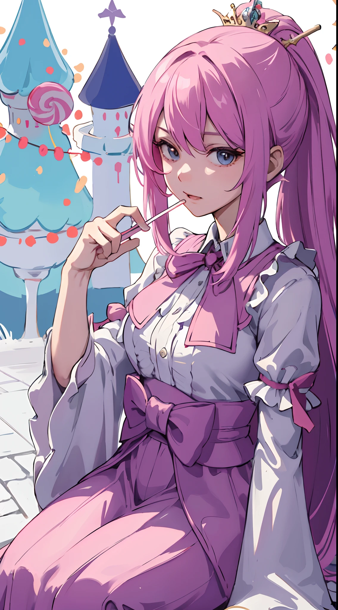 1 girl, upper body, single focus, regal charm, King Candy-inspired outfit, kingly demeanor, (Sugar Rush Kingdom: 1.4), (candy castle: 1.3), candy-coated features, royal aura, [depth of field, ambient lighting, candy castle foreground, sugary kingdom background], Sugar Rush's King Candy, candy kingdom rule, fantastical candy realm, (cotton candy trees), (gumball bridge: 1.2), intricate details, enhanced lighting.