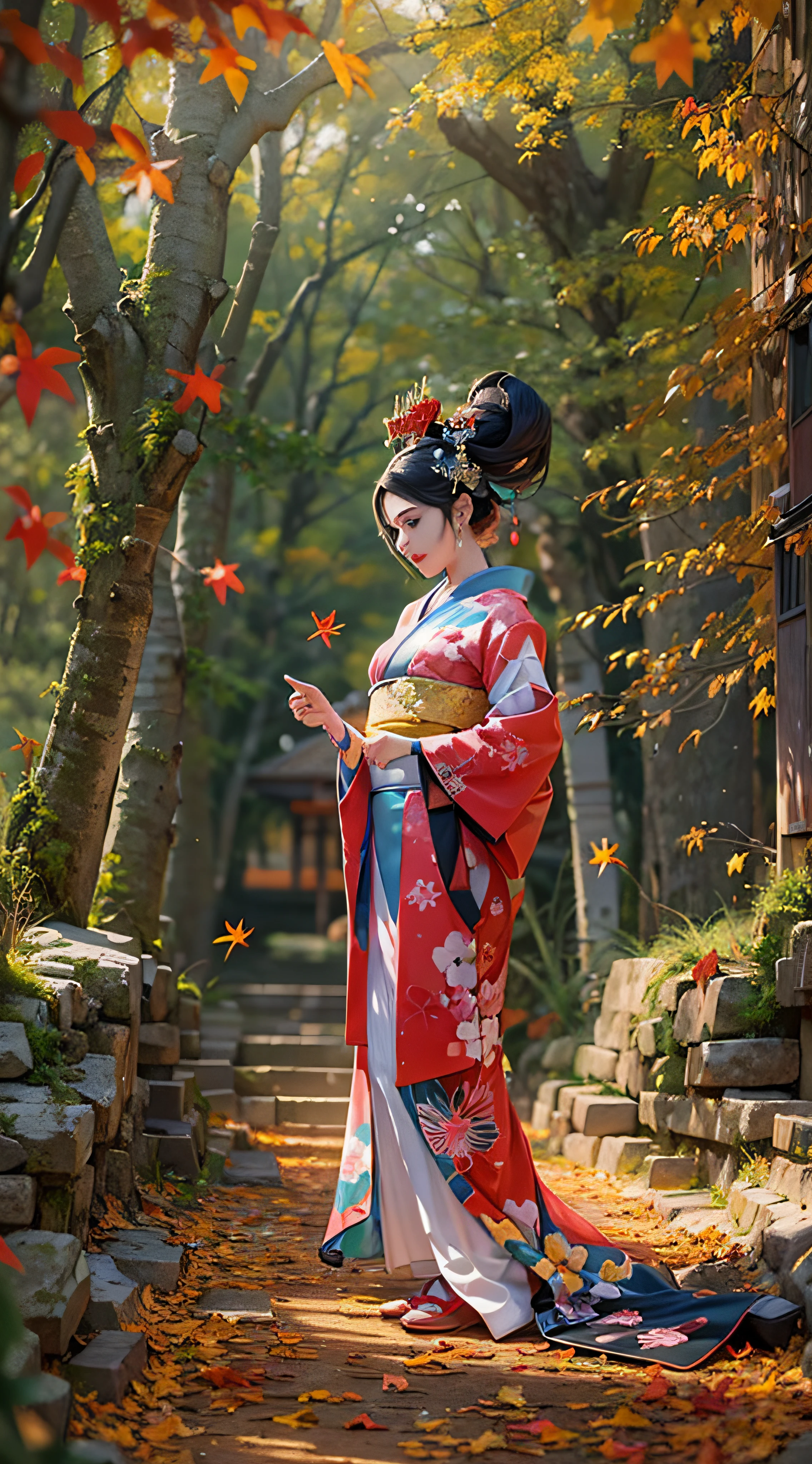 (Fox Girl, Fox Ears, Black colored hair, Fox Makeup, One Girl, Long Hair:1.6), (kimono, Kimono with open chest, A beautiful kimono with red and black patterns, I can see her cleavage, Open chest, Exposed skin:1.8), (Body measurements are 75-60-75!, Young girl body, Small breasts, Small breasts, Emphasize the chest, Knees are slightly visible, Muscular, Abdominal muscles, Hide your own chest with your hands:1.9), Avatar, face, lewd face, Dominant representation, naughty face, Uplifting, Skin Texture, outside, Grassy field