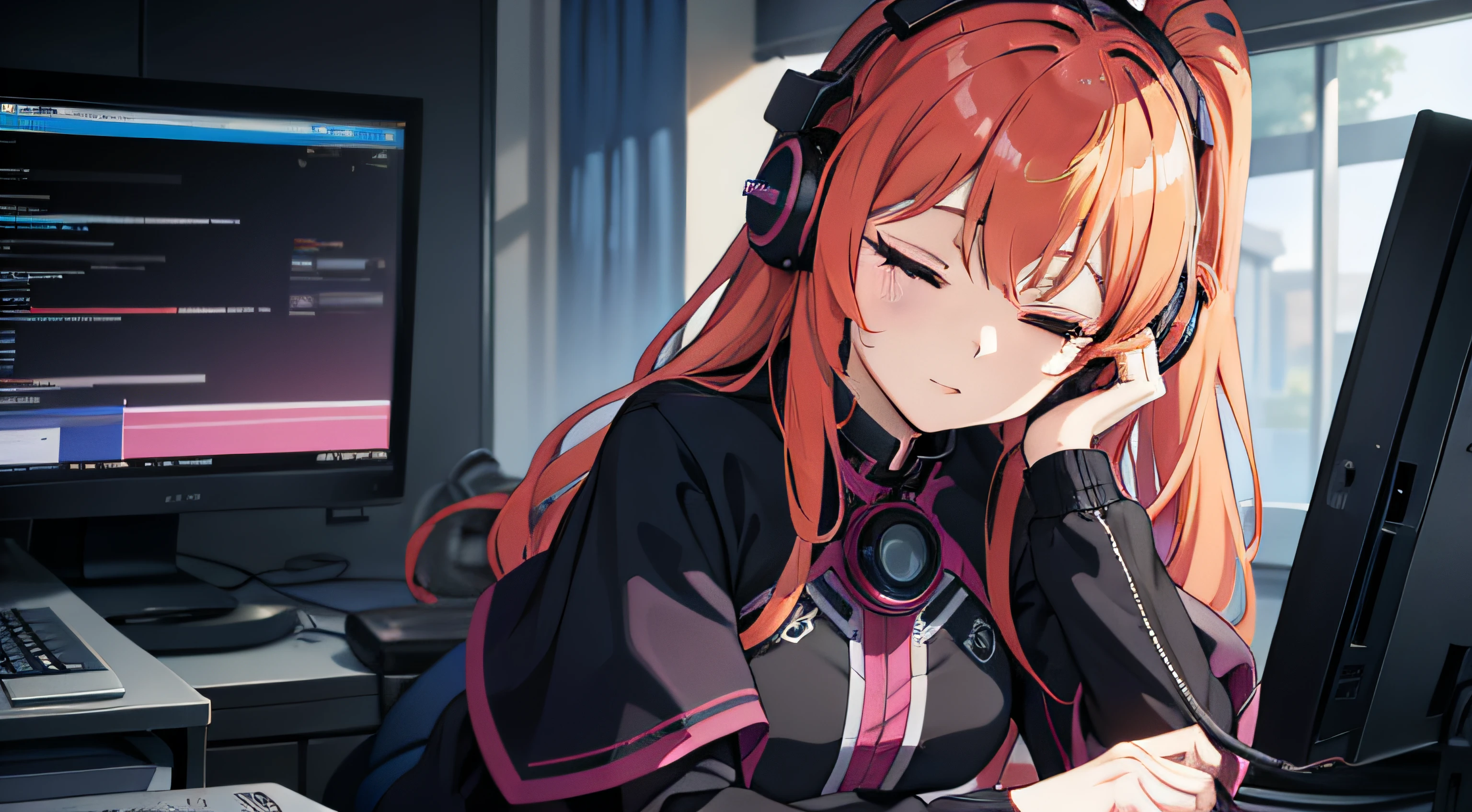 An anime-styled girl sitting beside a stylish desk, completely absorbed in the music playing through her headphones, her eyes closed in bliss, her body swaying gently to the melody, conveying a profound sense of musical immersion and serenity, Digital artwork, with a focus on intricate details in the girl's outfit and surroundings, using a vivid color palette, --ar 16:9 --v 5