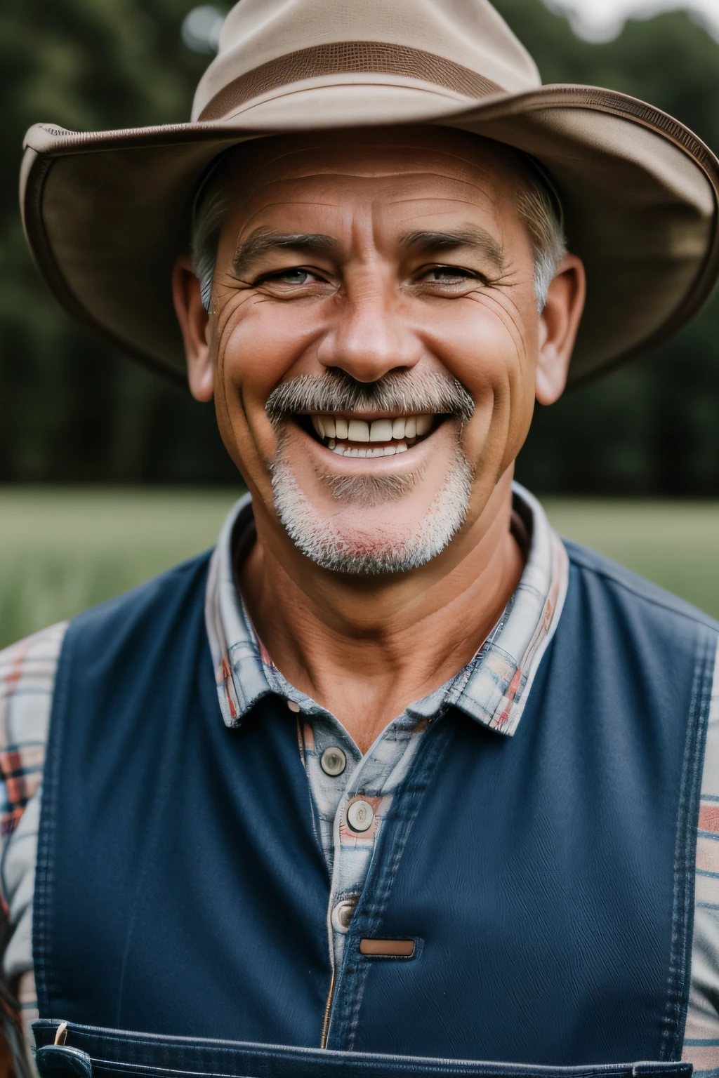 Closeup portrait of a laughing middle-aged male farmer wearing overalls