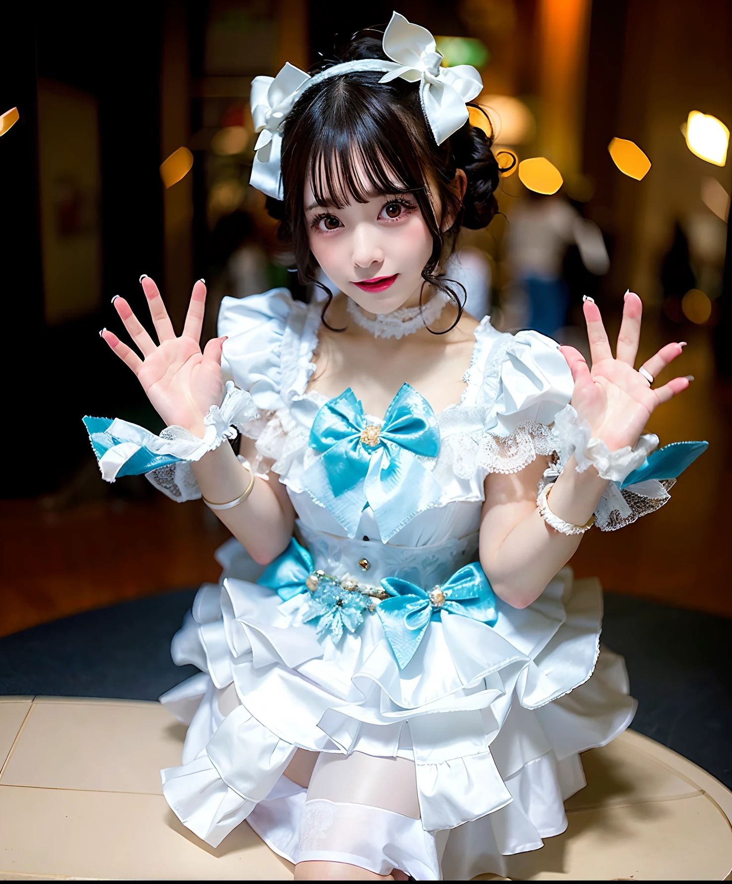 Woman in silver satin dress posing for photo, angelic pretty, Belle Delphine, fairycore, kawaii decora rainbowcore, portrait of the magical Lolita girl, Lolita style, y 2 k cutecore clowncore, cutecore, Lolita Fashion, by Ayami Kojima, kinomoto sakura, Satin costume with frills, Lori, juri misaki