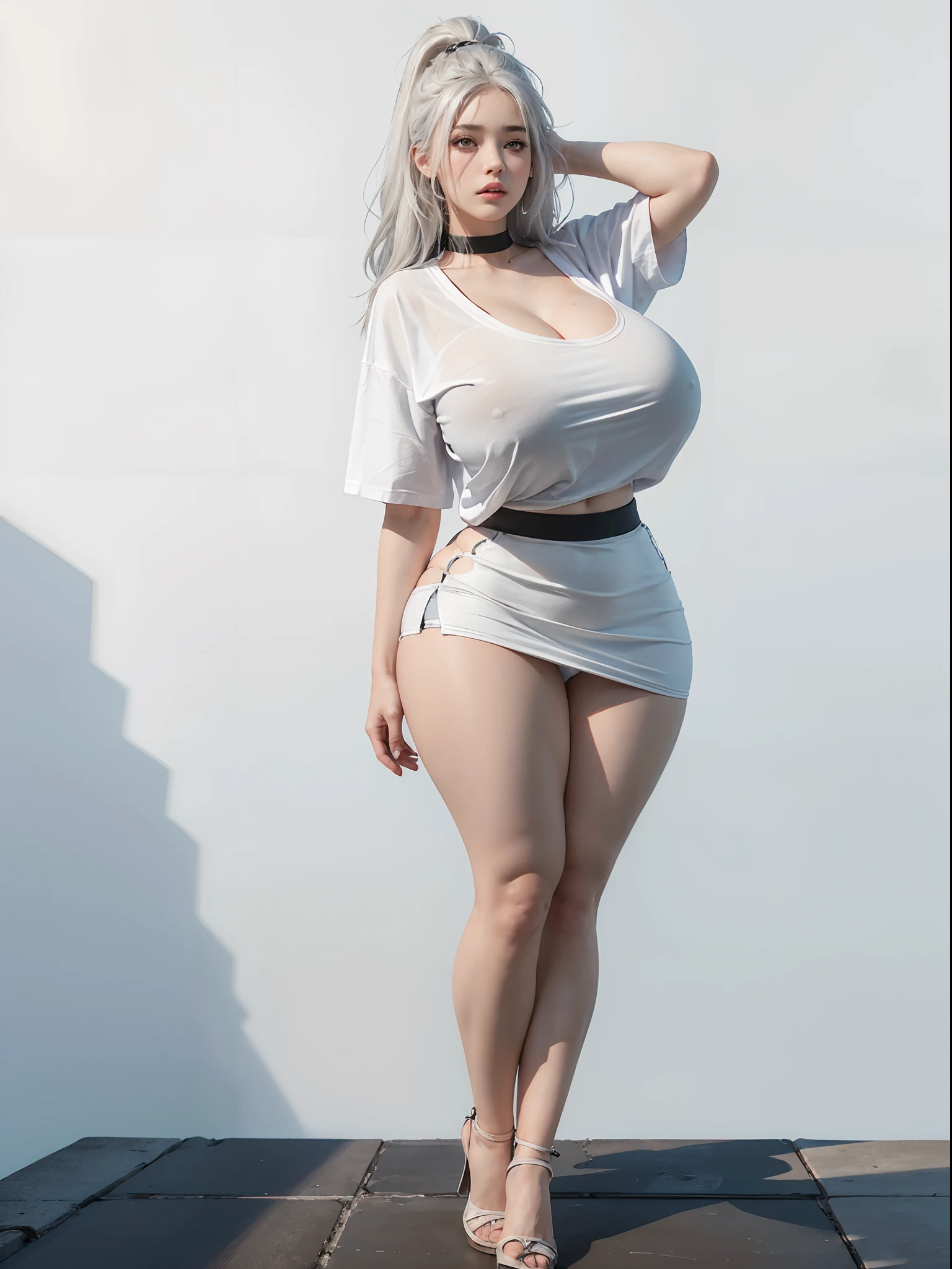 Stunning girl, best quality, ultra high res, (photorealistic:1.4), revealing small school t shirt and skirt, black choker, (faded ash white hair:1), (gigantic breasts, large breasts, huge breasts:1.4), droopy breasts, thick thighs, thick wide hips, looking at viewer, school, close up