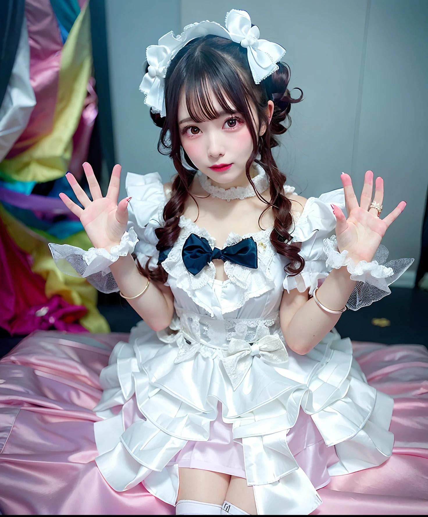Woman in silver satin dress posing for photo, angelic pretty, Belle Delphine, fairycore, kawaii decora rainbowcore, portrait of the magical Lolita girl, Lolita style, y 2 k cutecore clowncore, cutecore, Lolita Fashion, by Ayami Kojima, kinomoto sakura, Satin costume with frills, Lori, juri misaki