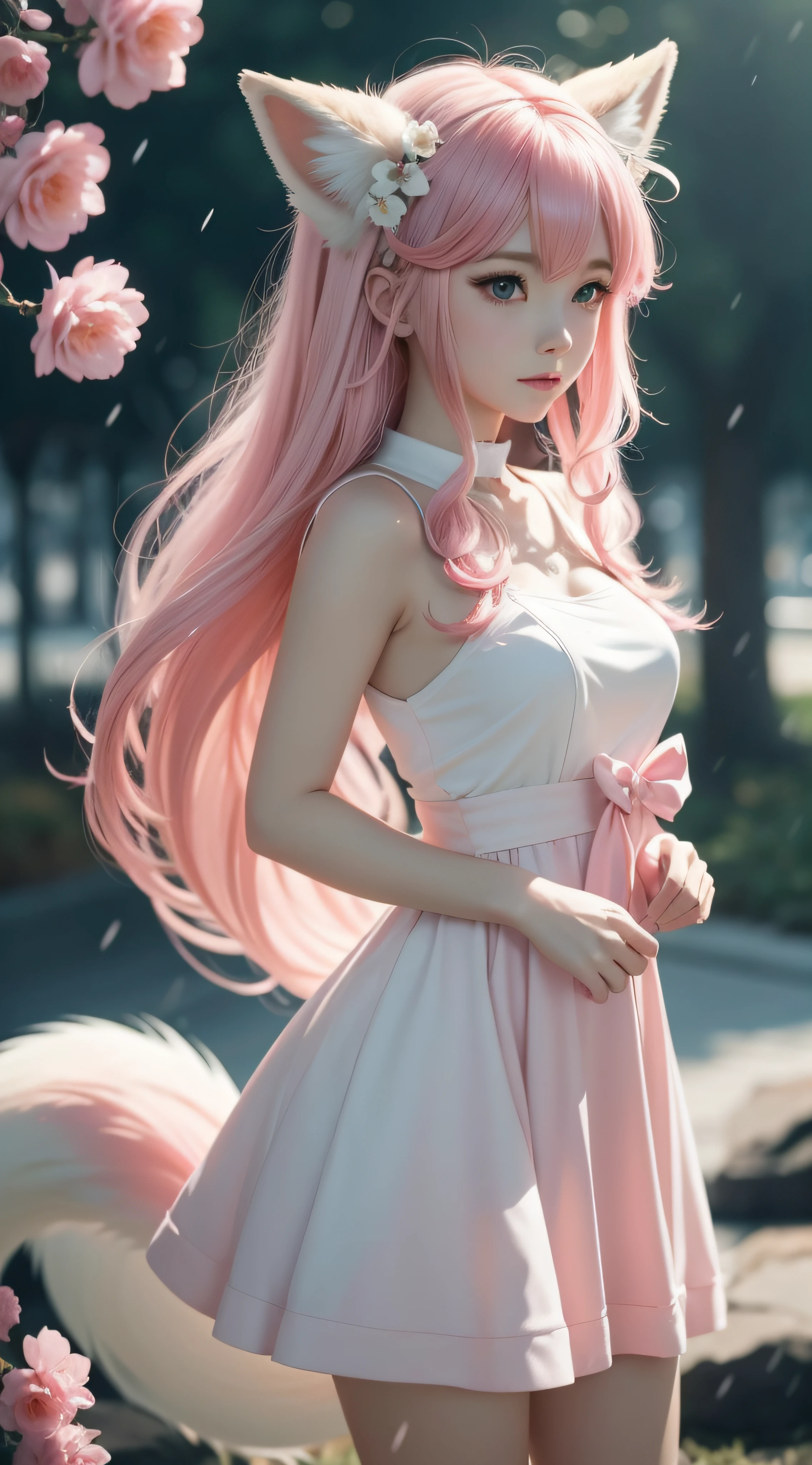 Nine snow-white fox tails (1.0), milky fox tail (1.0), fox close-up of nine tails, nine-tails, nine-tails, anime girl with pink hair and pink dress with flowers on her hair, very beautiful anime fox girl, beautiful anime fox girl, beautiful fantasy anime, guweiz, anime girl with fox ears, beautiful anime girl, very beautiful and cute fox girl, pink flower rain, background blur, anime style 4 K, anime fantasy artwork, 4k anime wallpaper, Artwork in the Guvez style, perfect body, beautiful body