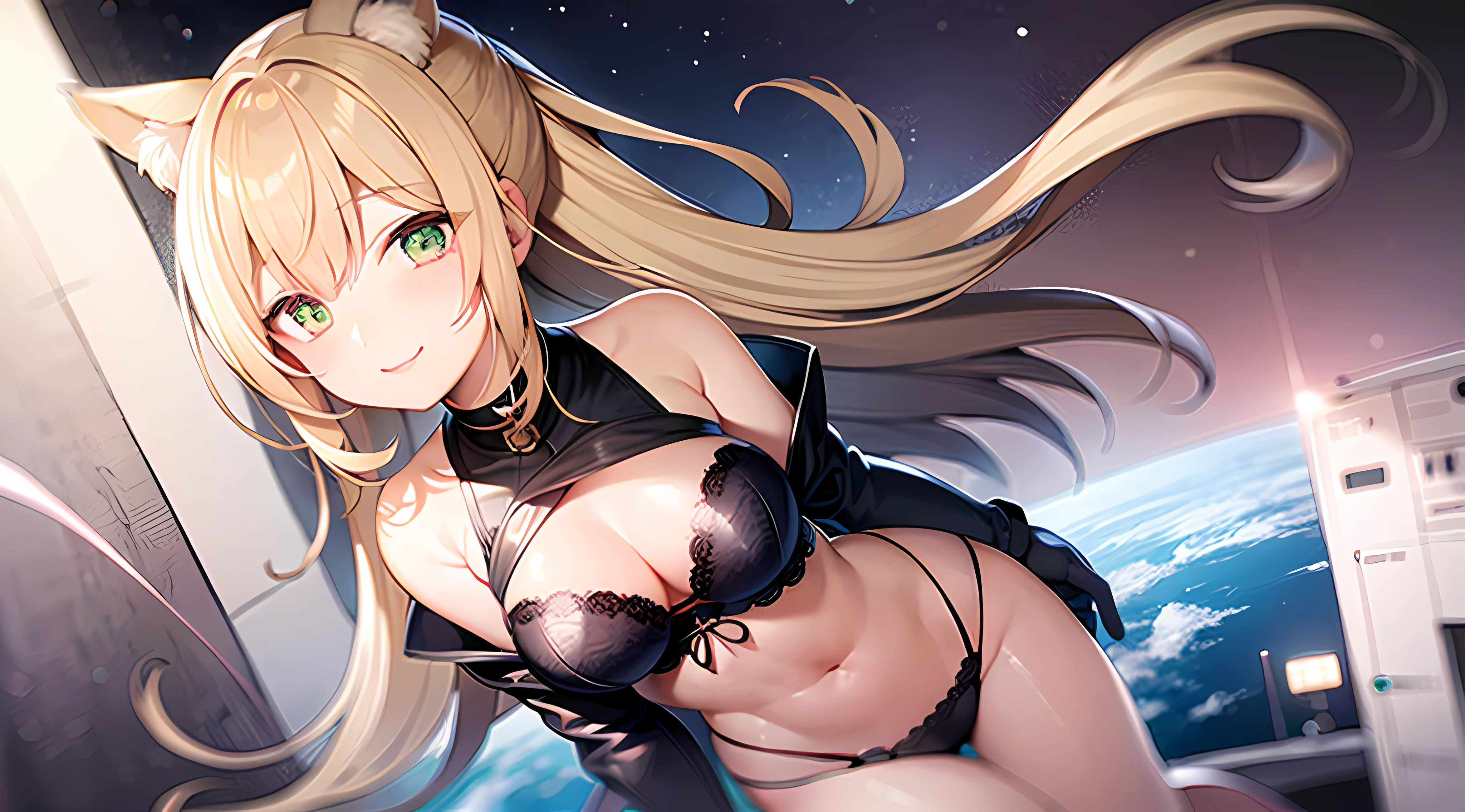 a girl., Green-eyed blonde, long-haired, cat ears girl, Dawn Hair, Cute Smiling Girl, Age 18, On the space station., star