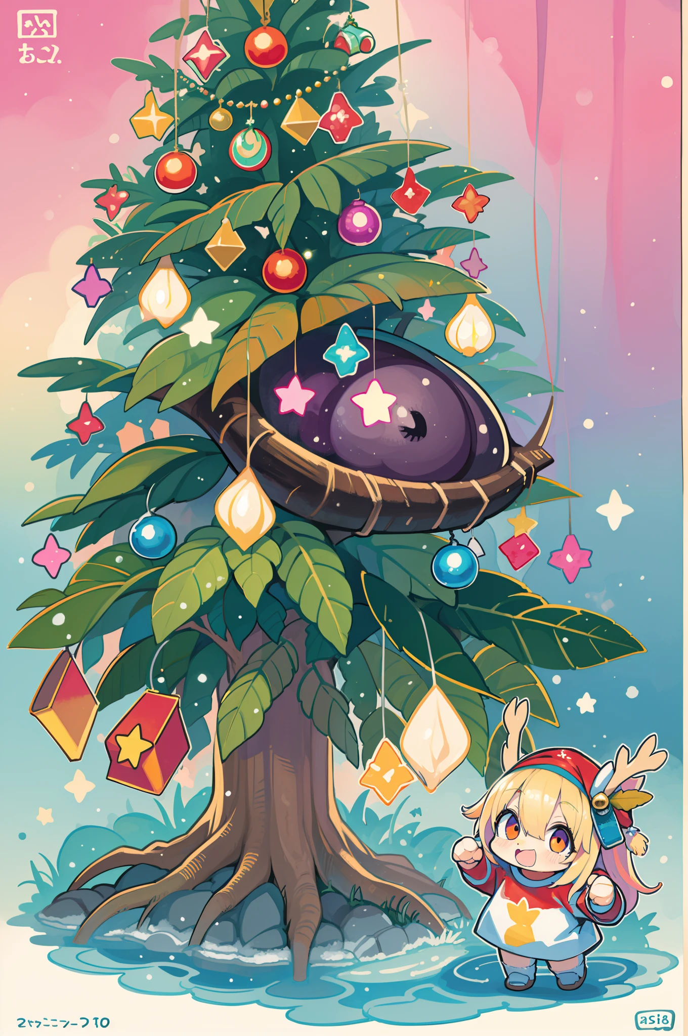 Charming Christmas 12 year old winter, Cartoon style, 2D, planar vector, Character Design, T-shirt design, Colorful splashes, Vector art, Fantasy Art, Watercolor effect,Digital Painting, white bg, 8K
