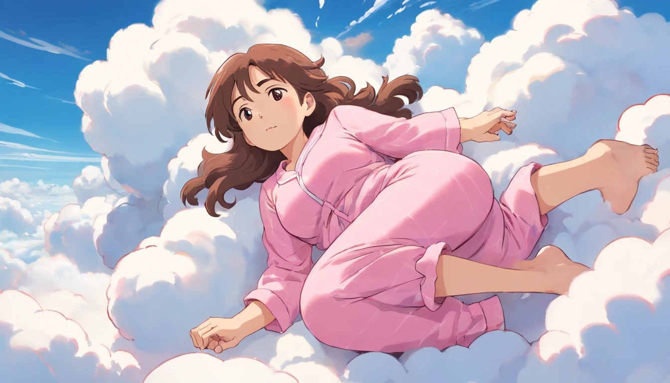 comic strip, mesmerising mature woman lying on beautiful fluffy clouds in the sky, big breast, On thick clouds such as marshmallows, Pink pajamas, Detail enhancement, 8K, super-fine, concept-art, number art