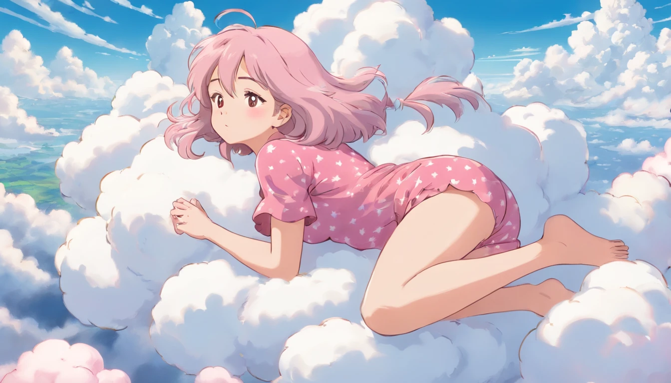 comic strip, mesmerising mature woman lying on beautiful fluffy clouds in the sky, big breast, On thick clouds such as marshmallows, Pink pajamas, Detail enhancement, 8K, super-fine, concept-art, number art