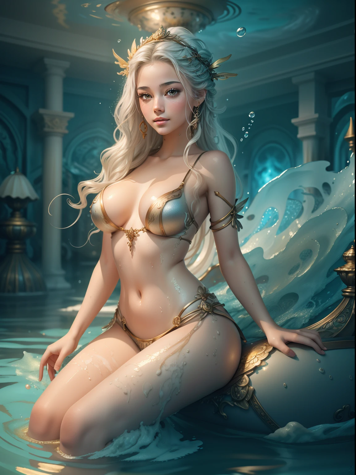 ((beautiful goddess sitting on the waves of the sea)),  
((transparent vikini that shows the vagina)), masterpiece), best quality, expressive eyes, perfect face, long hair fused into multicolored sea waves, light lantern, lamp and antique clock,   fantasy, fractal,  Sakimichan-style art, slight smile, legs open, pubic hair view, 1 sexy girl, exposed breasts,skin wet with water and foam and bubbles,view from below, open legs showing open vagina, beautiful full female body wet with water,griffiths flesh art and wadim kashin concept art, nude woman, classical dancer, psychedelic dancer movement, moving ocean wave, sakimichan art body art, palette knife oil painting, metallic colors, olpntng style, beautiful ager, effect splatter, extremely smooth and fluid paint, 3D liquid paint, 3D fractals, gold and silver and bronze metallic colors, light particles, dreamy, 3D soft relief, bright sparkles, dreamy shine, concept art by Alberto Seveso, dripping paint, gold-silver and bronze oil painting, full body, beautiful girl, big buttocks, skin with watercolor paper texture, young girl, splash effect, sea, fluid, 3d fractals, light particles, dreamy shine , oil painting with strong strokes, dripping paint, night sky with storm, full moon, large foamy waves, floating bubbles, beautiful goddess emerging from the sea, long silver hair blurred with water, wet skin,cloudy sky with storm, night sky with dark clouds, full moon,