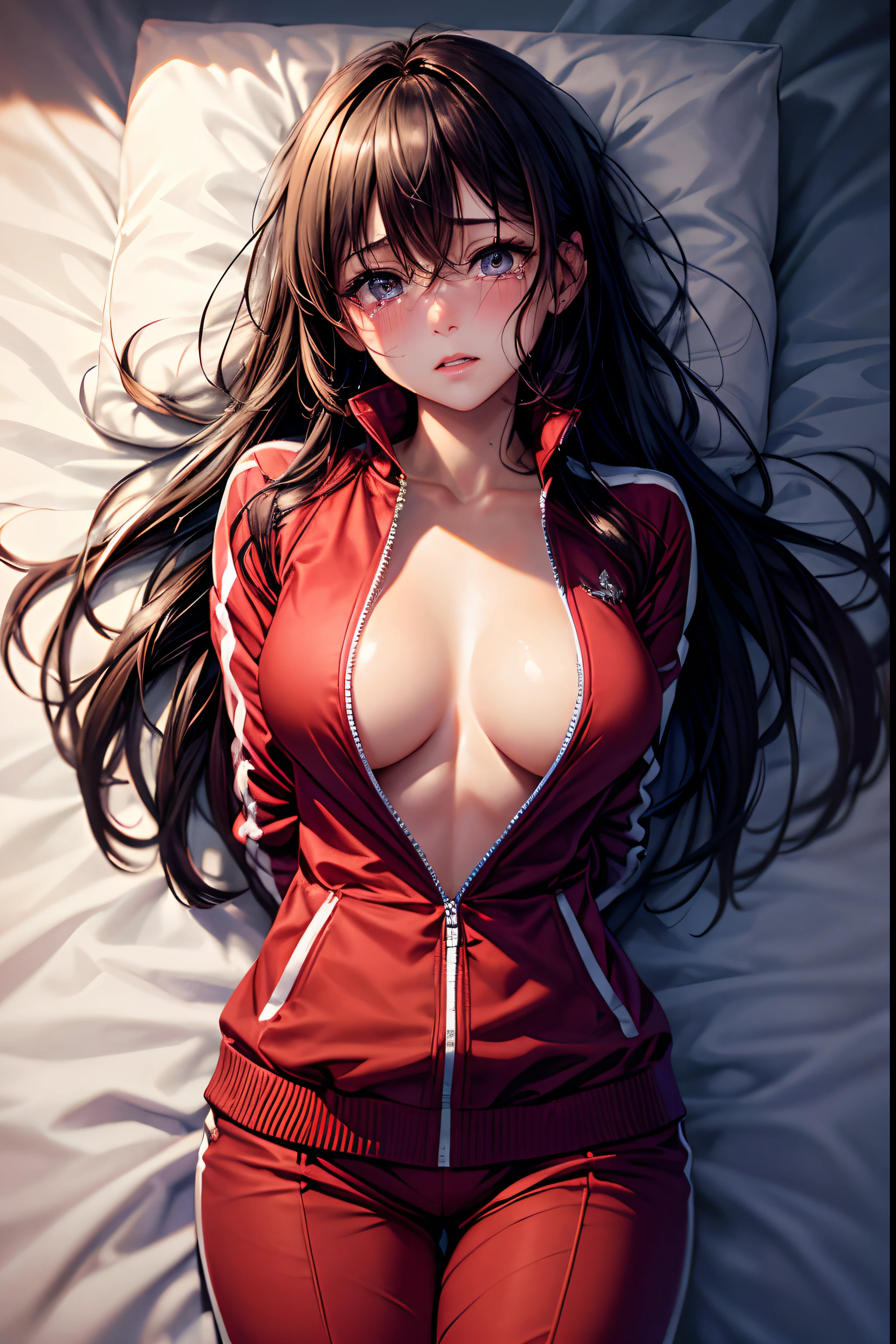 absurdres, high res, ultrasharp, looking at viewer (masterpiece), expressive eyes, perfect face, tears, crying with eyes open, upturned eyes, makeup, shy, embarrassed, blush, parted lips, photorealistic, pov, 8K, best quality,